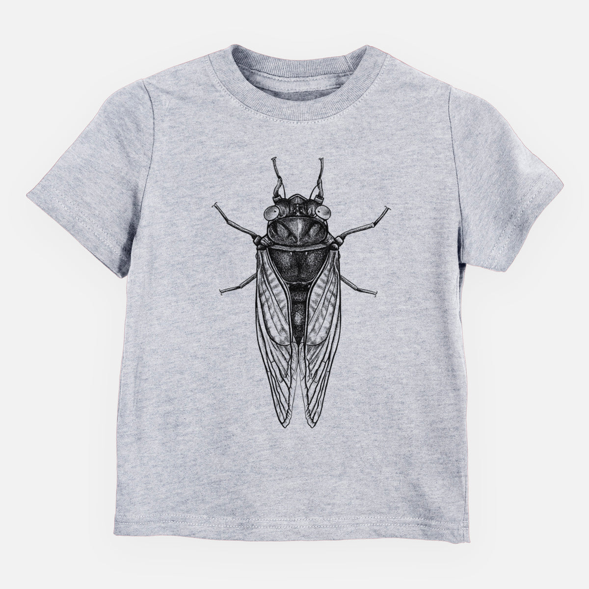 Heather grey toddler t-shirt laid flat, printed with a detailed black ink illustration of a periodical cicada with its wings folded, seen from above.