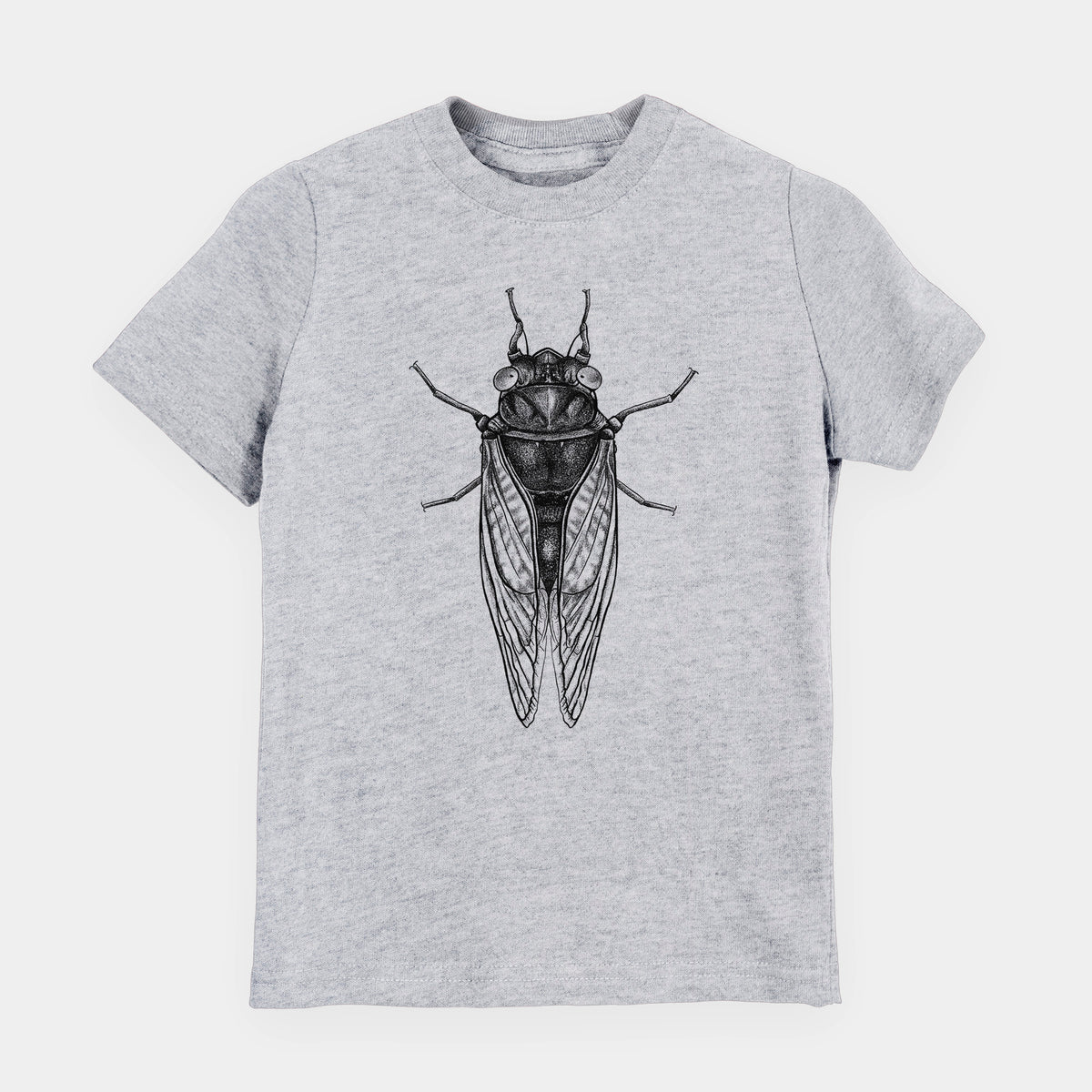 Heather grey youth t-shirt laid flat, printed with a detailed black ink illustration of a periodical cicada with its wings folded, seen from above.