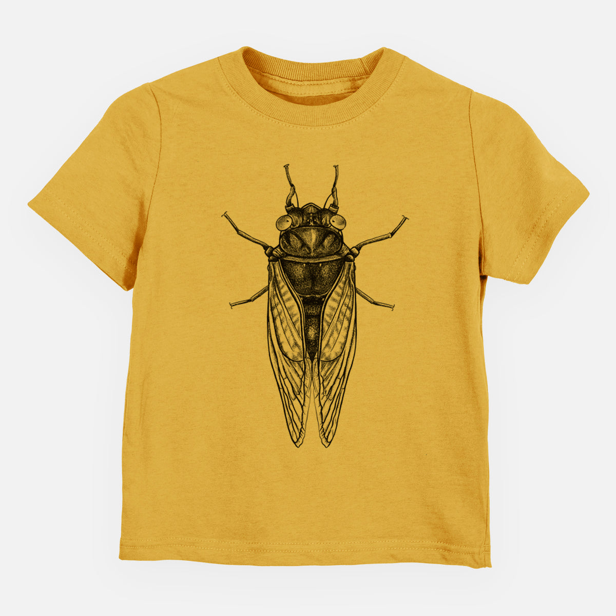 Honeycomb yellow toddler t-shirt laid flat, printed with a detailed black ink illustration of a periodical cicada with its wings folded, seen from above.