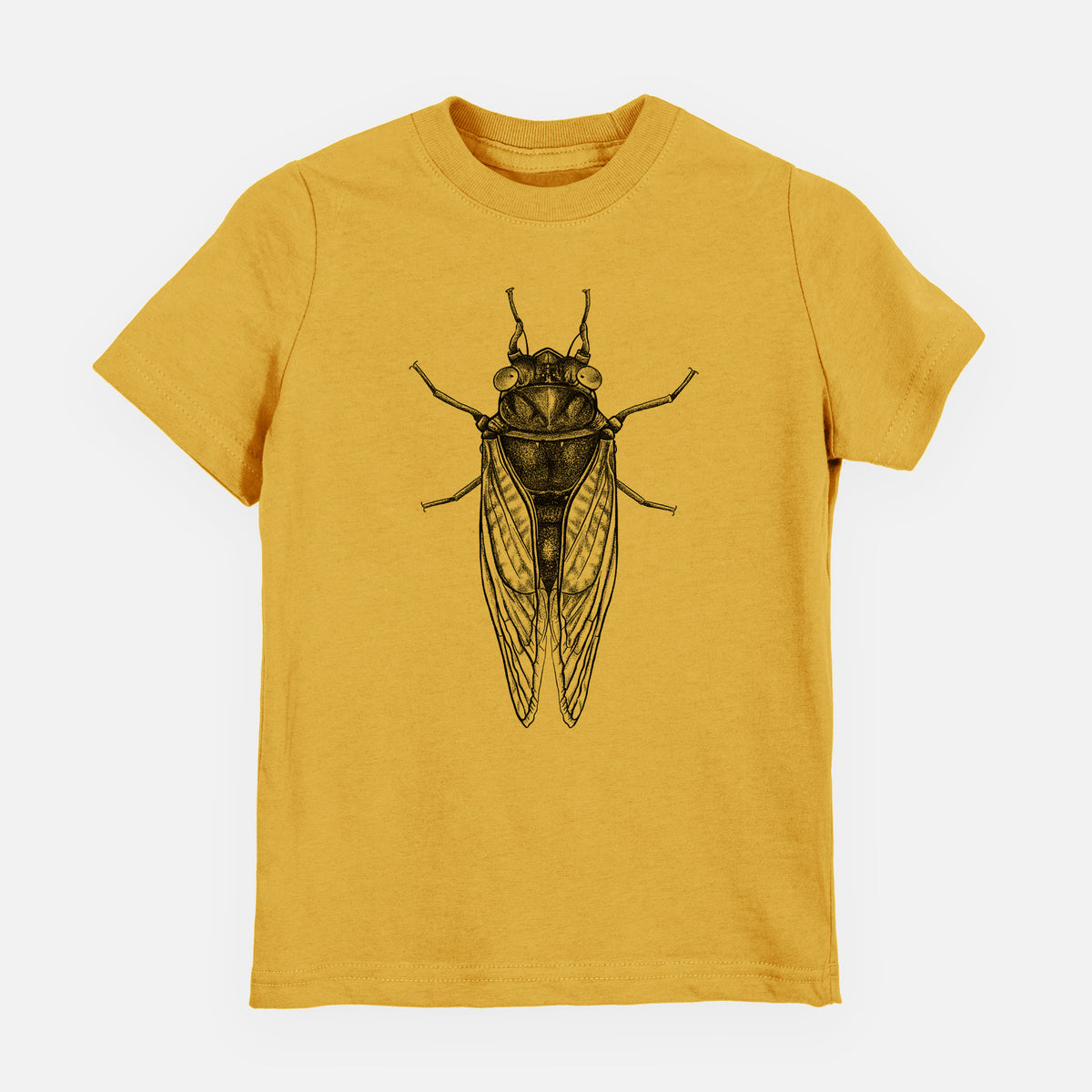 Honeycomb yellow youth t-shirt laid flat, printed with a detailed black ink illustration of a periodical cicada with its wings folded, seen from above.