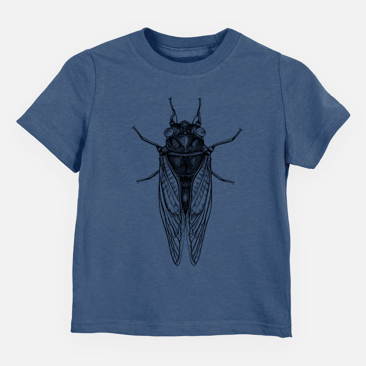 Indigo blue toddler t-shirt laid flat, printed with a detailed black ink illustration of a periodical cicada with its wings folded, seen from above.