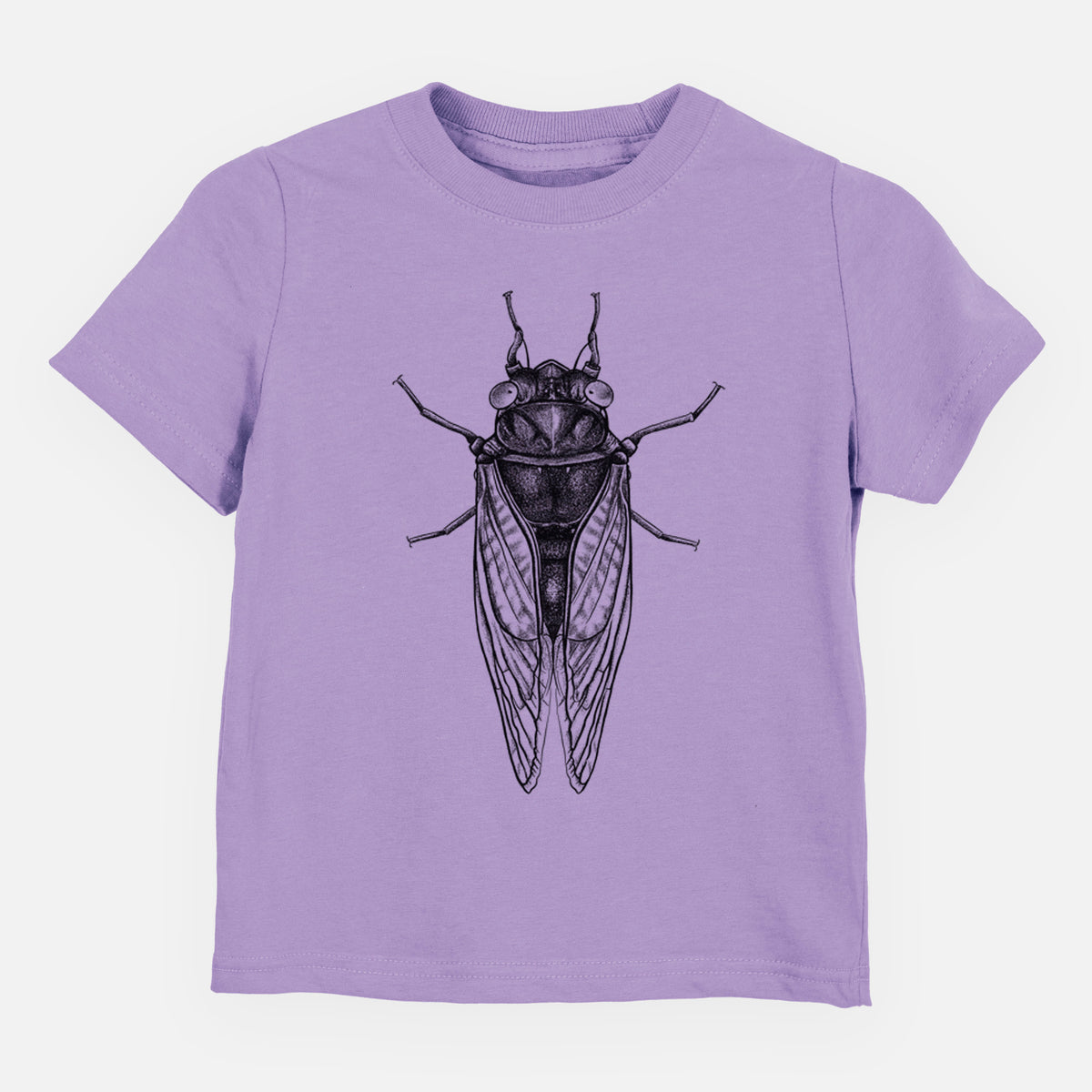 Lavender toddler t-shirt laid flat, printed with a detailed black ink illustration of a periodical cicada with its wings folded, seen from above.