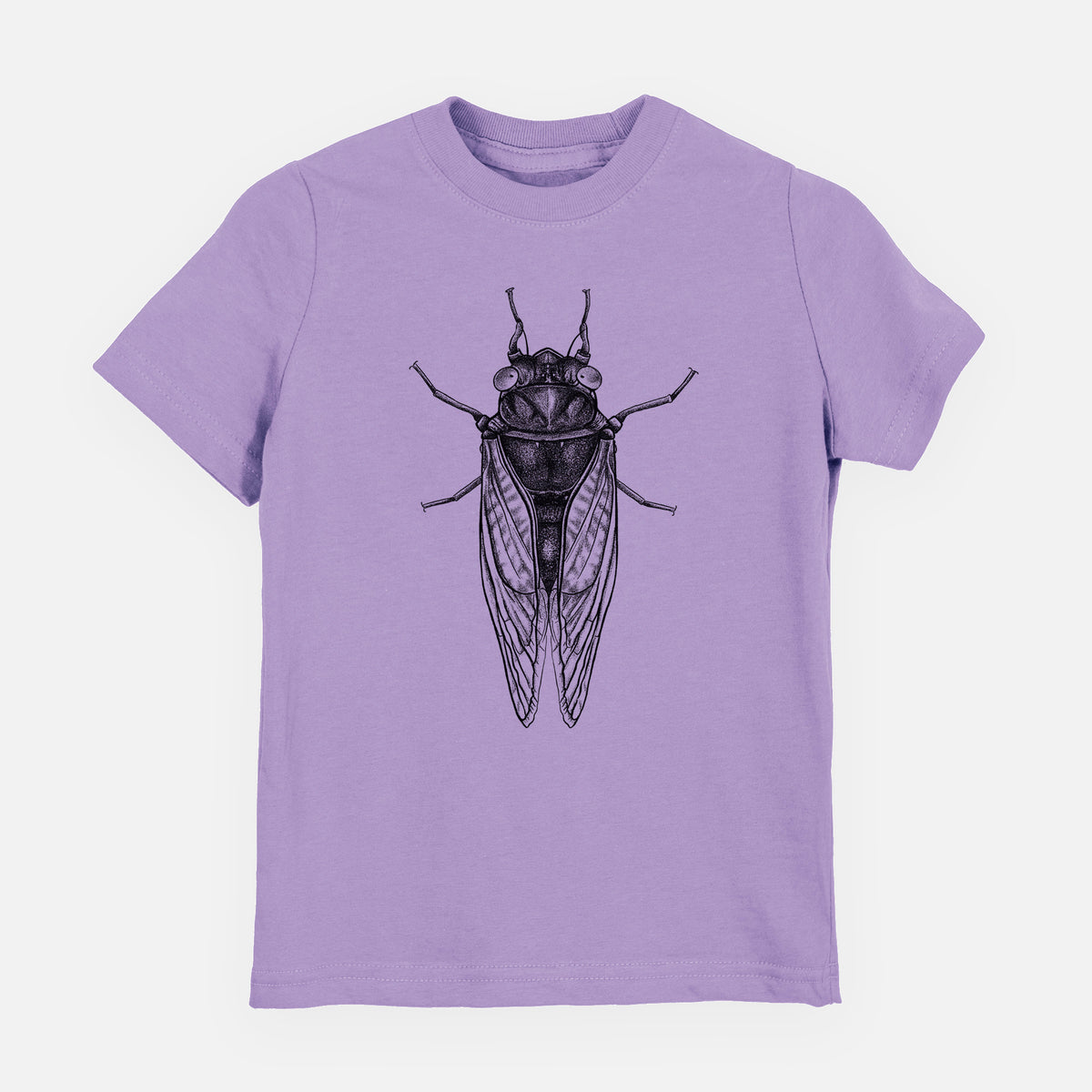Lavender youth t-shirt laid flat, printed with a detailed black ink illustration of a periodical cicada with its wings folded, seen from above.