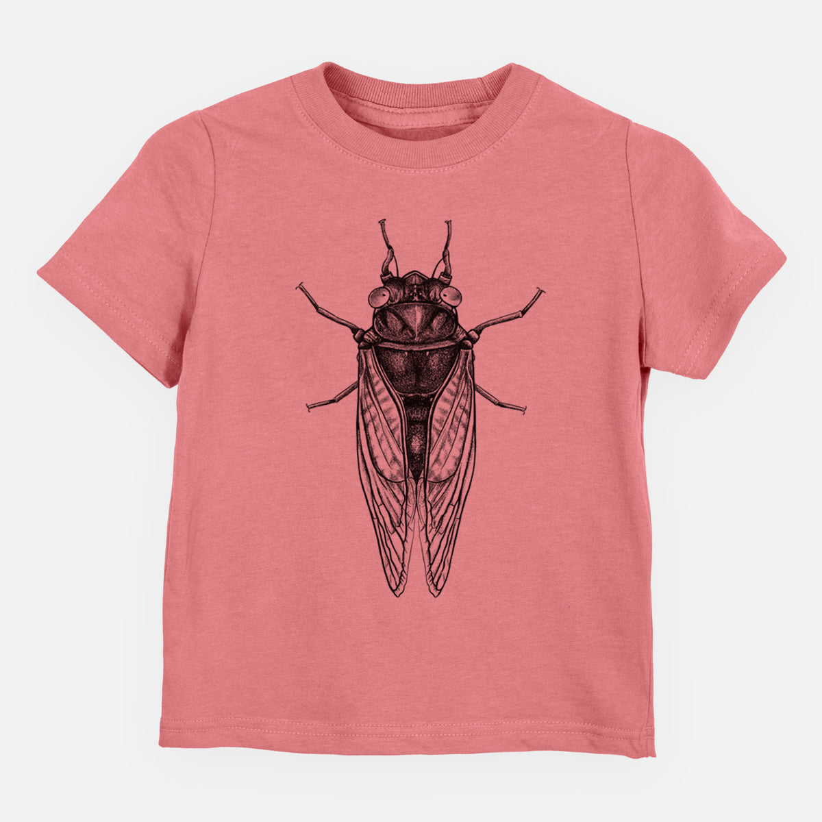 Mauve pink toddler t-shirt laid flat, printed with a detailed black ink illustration of a periodical cicada with its wings folded, seen from above.