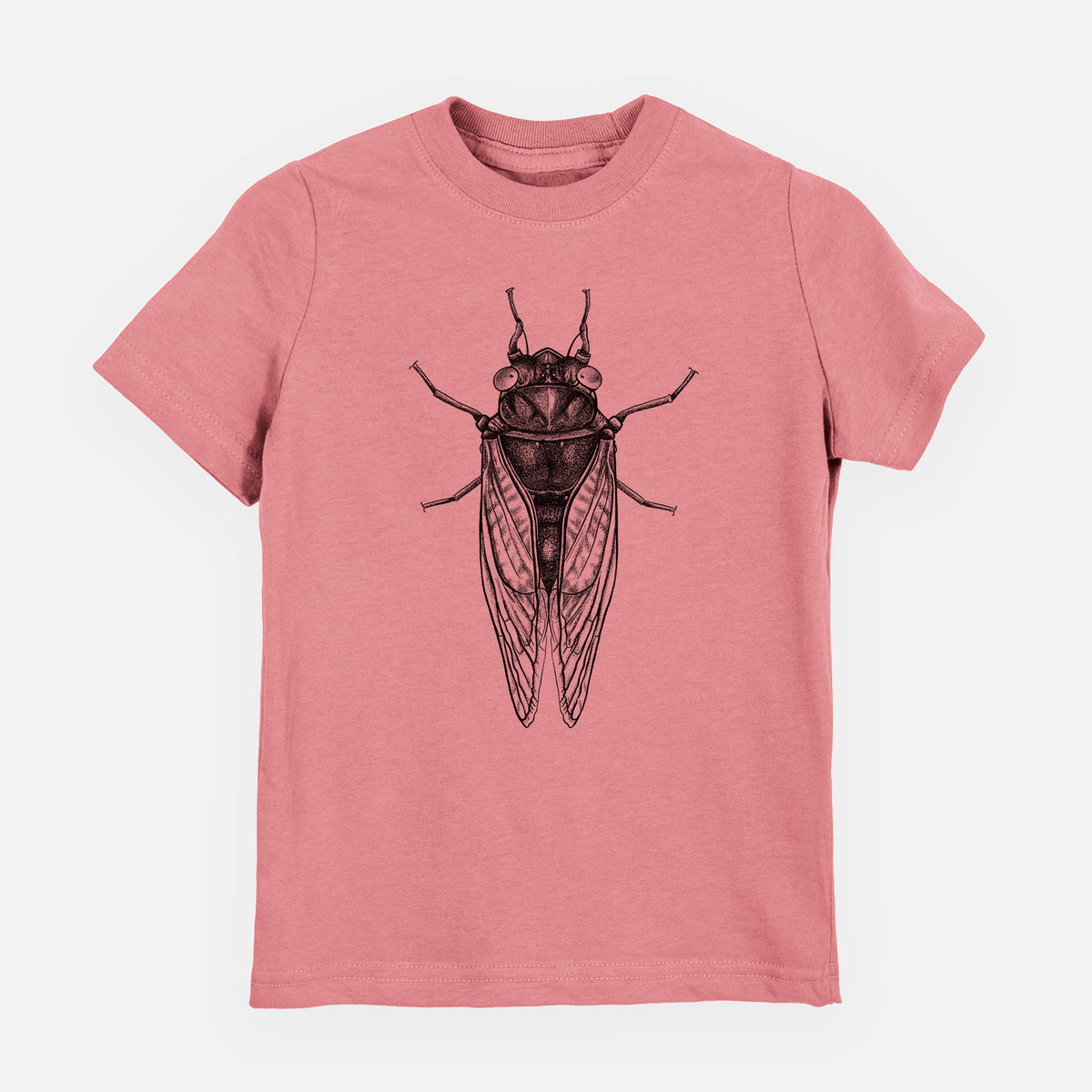 Mauve pink youth t-shirt laid flat, printed with a detailed black ink illustration of a periodical cicada with its wings folded, seen from above.