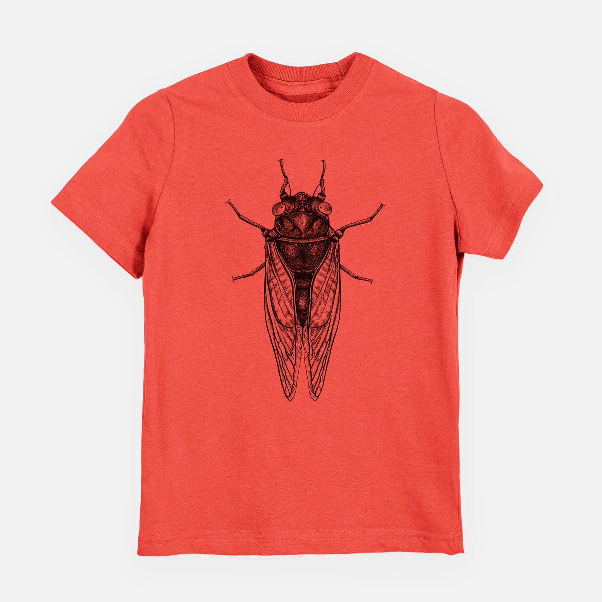 Passionfruit pink youth t-shirt laid flat, printed with a detailed black ink illustration of a periodical cicada with its wings folded, seen from above.