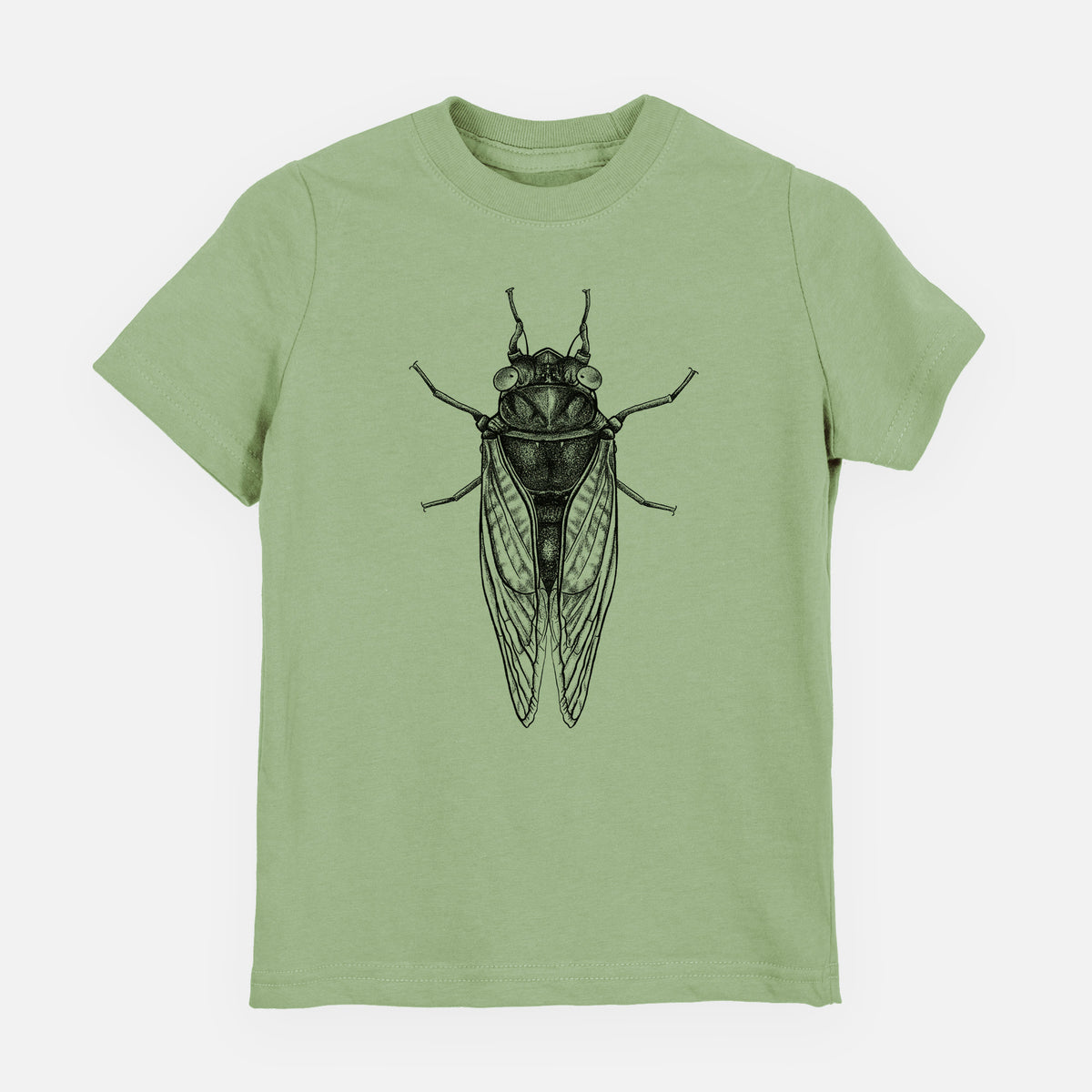 Sage green youth t-shirt laid flat, printed with a detailed black ink illustration of a periodical cicada with its wings folded, seen from above.