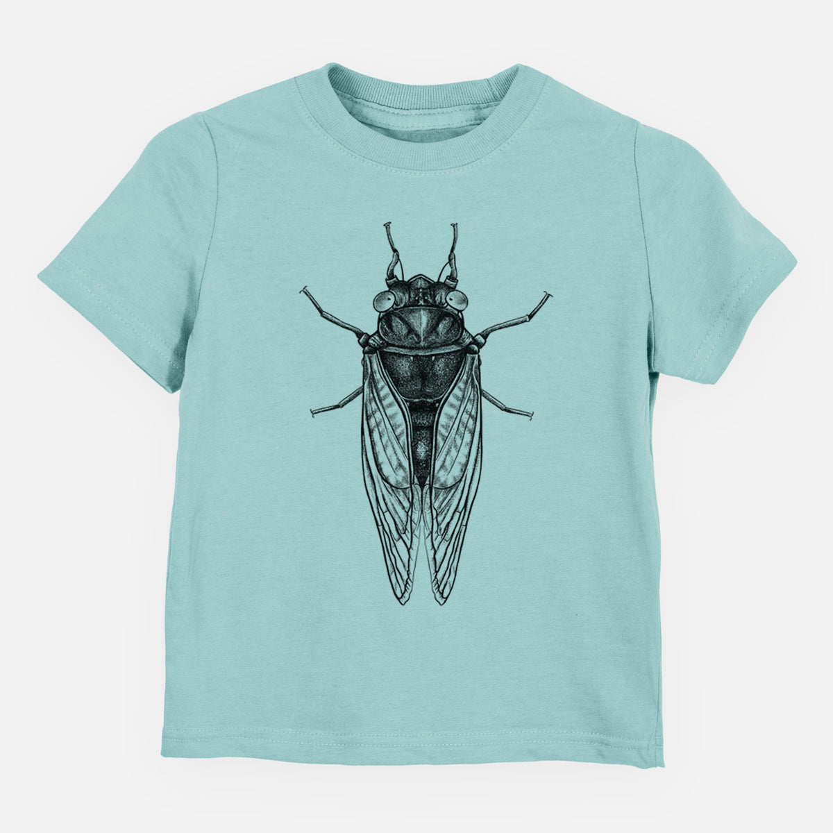Saltwater toddler t-shirt laid flat, printed with a detailed black ink illustration of a periodical cicada with its wings folded, seen from above.