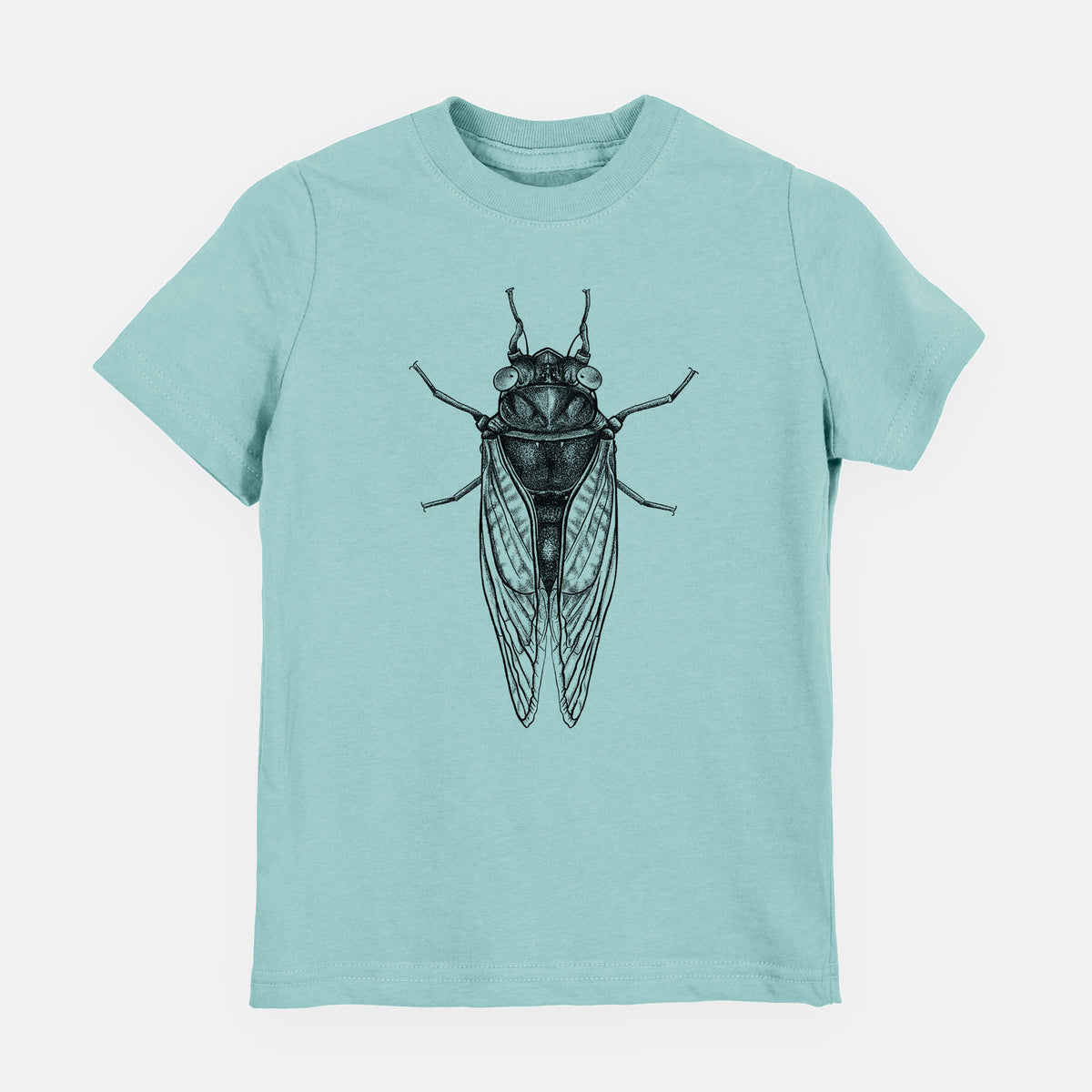Saltwater youth t-shirt laid flat, printed with a detailed black ink illustration of a periodical cicada with its wings folded, seen from above.