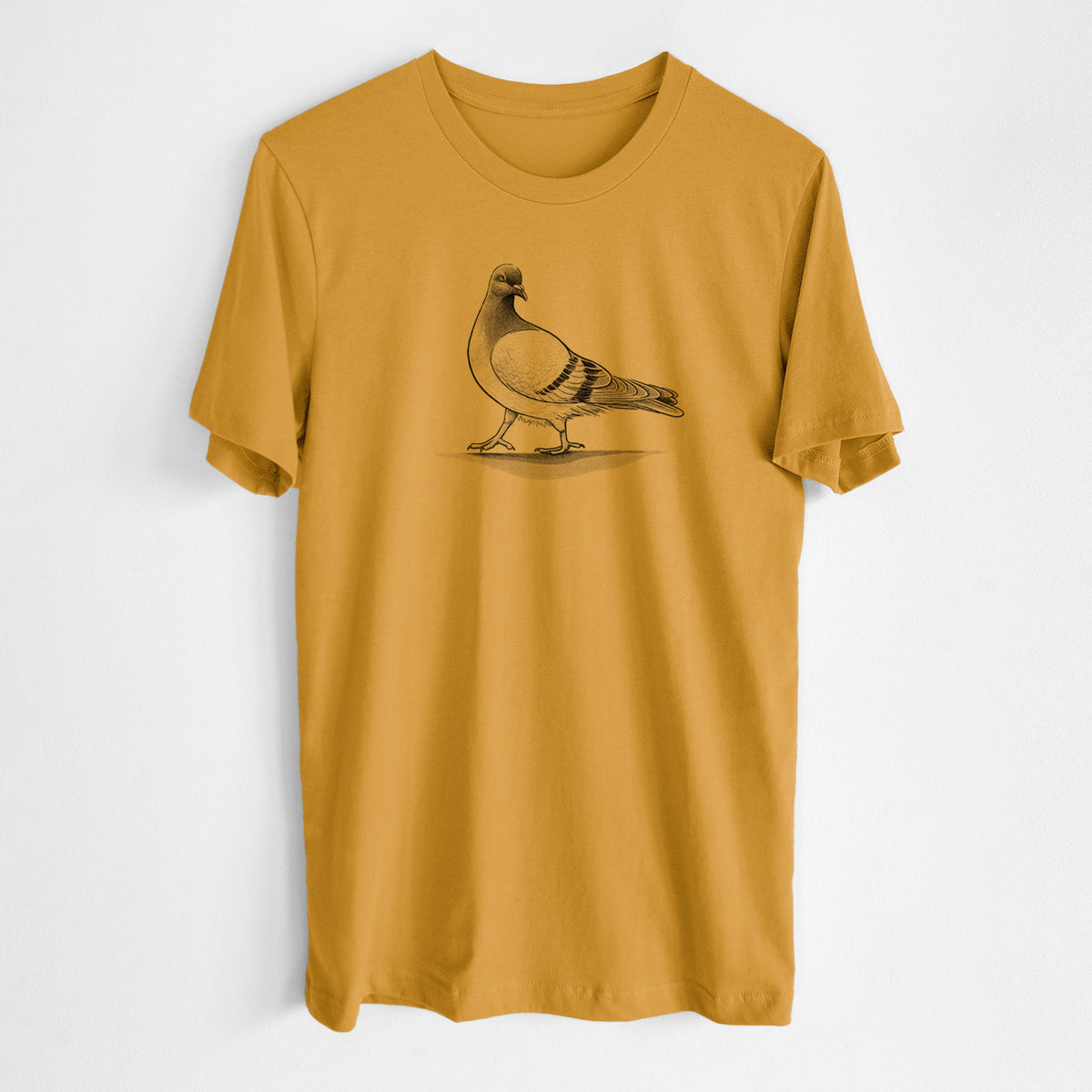 Honeycomb yellow lightweight cotton t-shirt laid flat, printed with a black ink illustration of a pigeon standing.