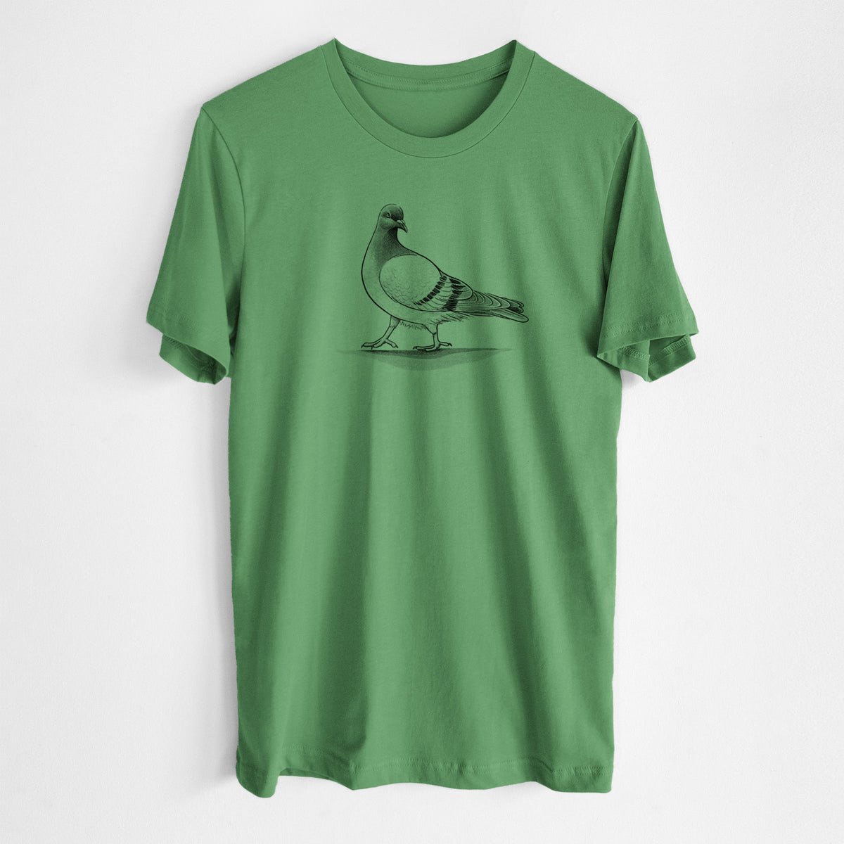 Leaf green lightweight cotton t-shirt laid flat, printed with a black ink illustration of a pigeon standing.