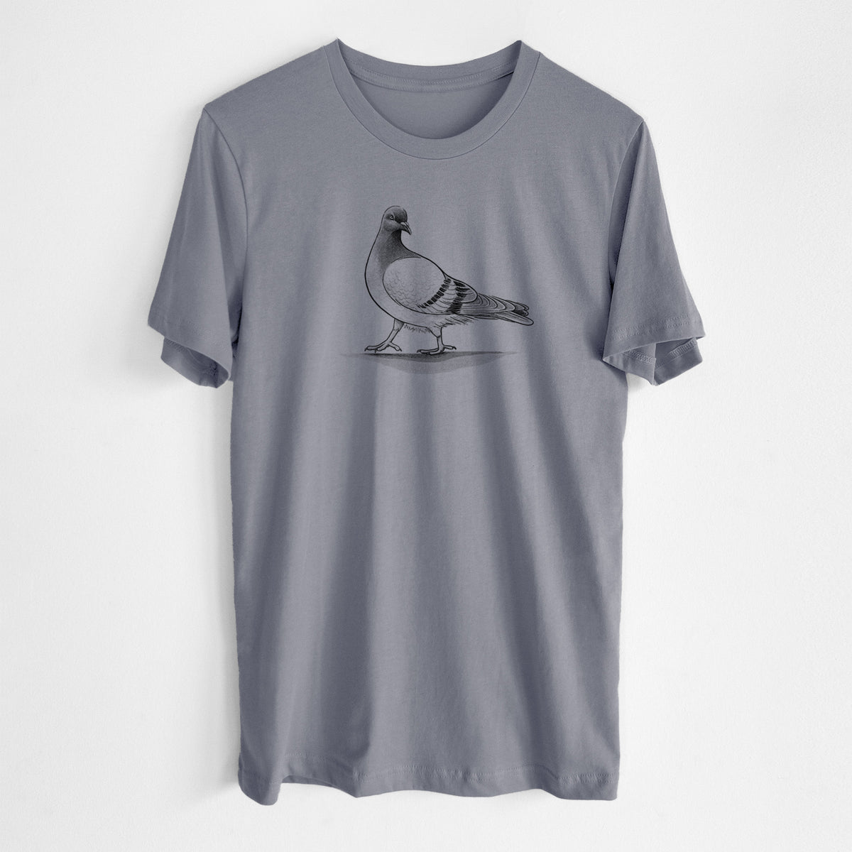 Storm grey lightweight cotton t-shirt laid flat, printed with a black ink illustration of a pigeon standing.