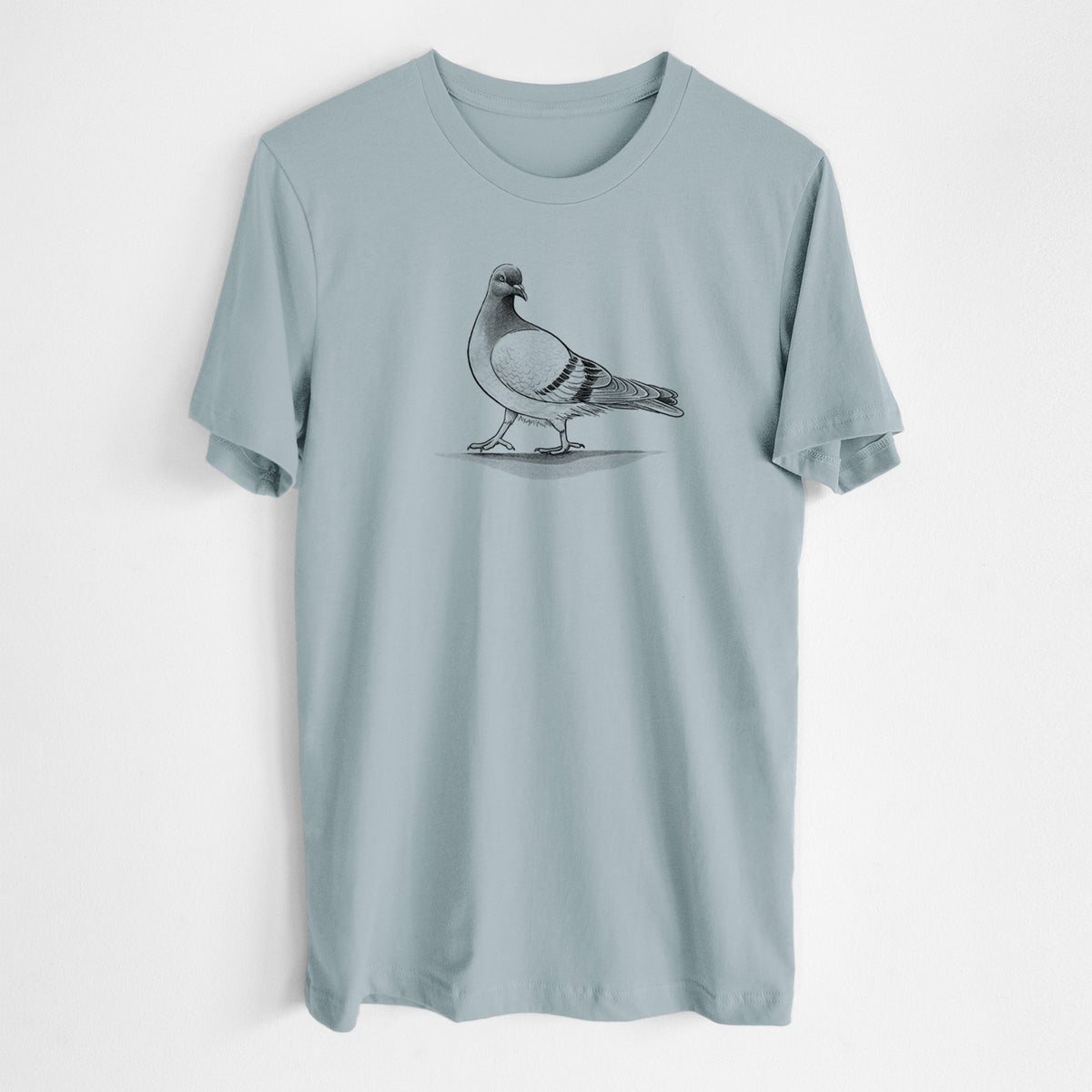 Vintage denim lightweight cotton t-shirt laid flat, printed with a black ink illustration of a pigeon standing.