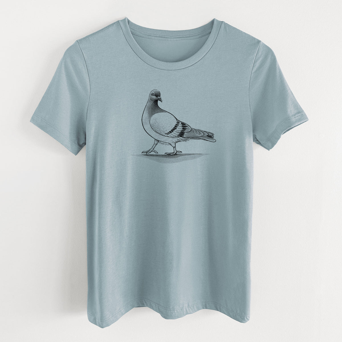 Vintage denim women's relaxed fit cotton t-shirt laid flat, printed with a black ink illustration of a pigeon standing.