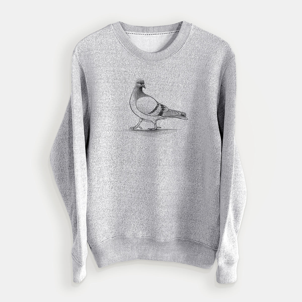 Salt and pepper knit sweatshirt laid flat, printed with a black ink illustration of a pigeon standing.