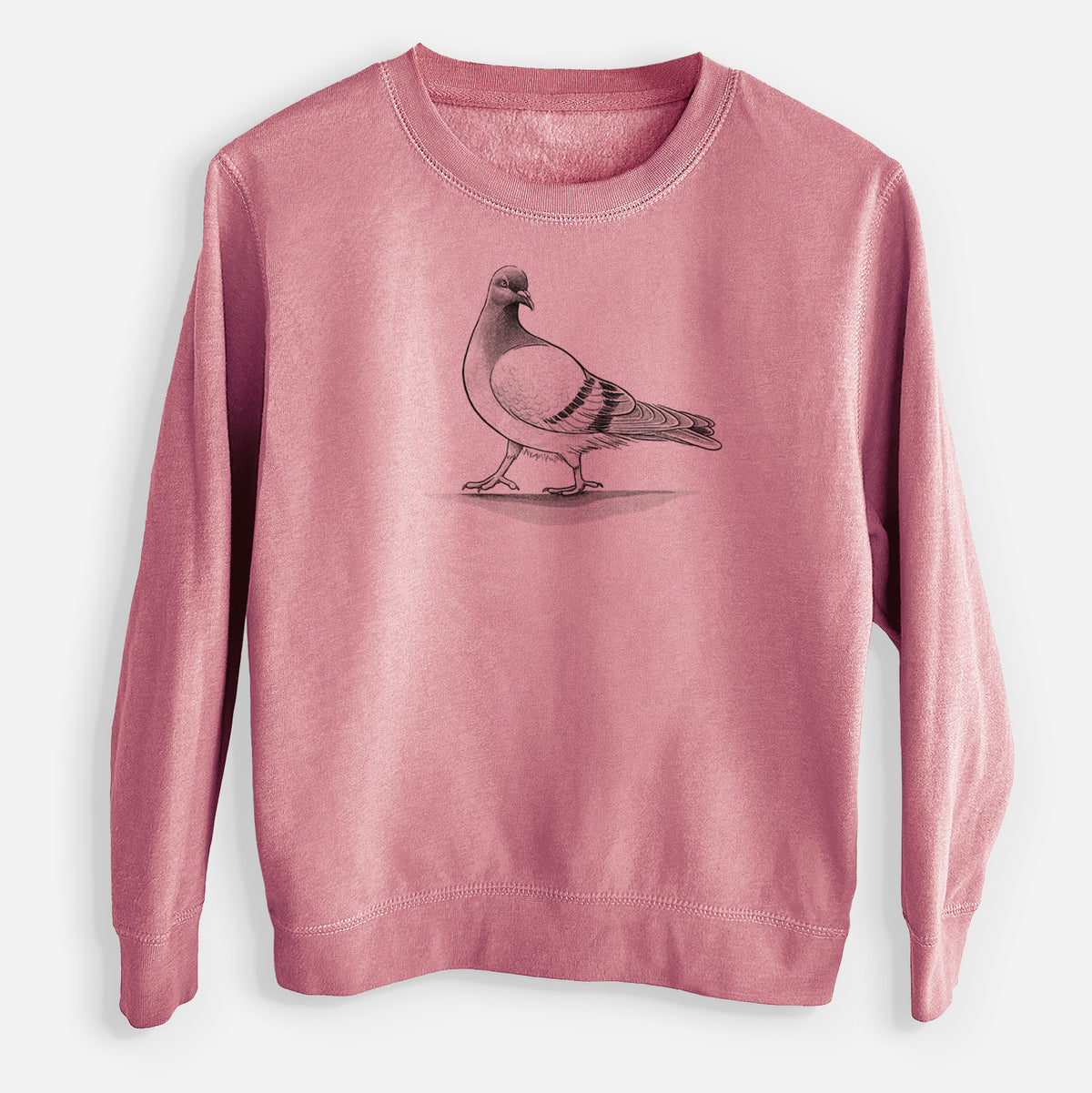 Mauve pink youth crewneck sweatshirt laid flat, printed with a black ink illustration of a pigeon standing.