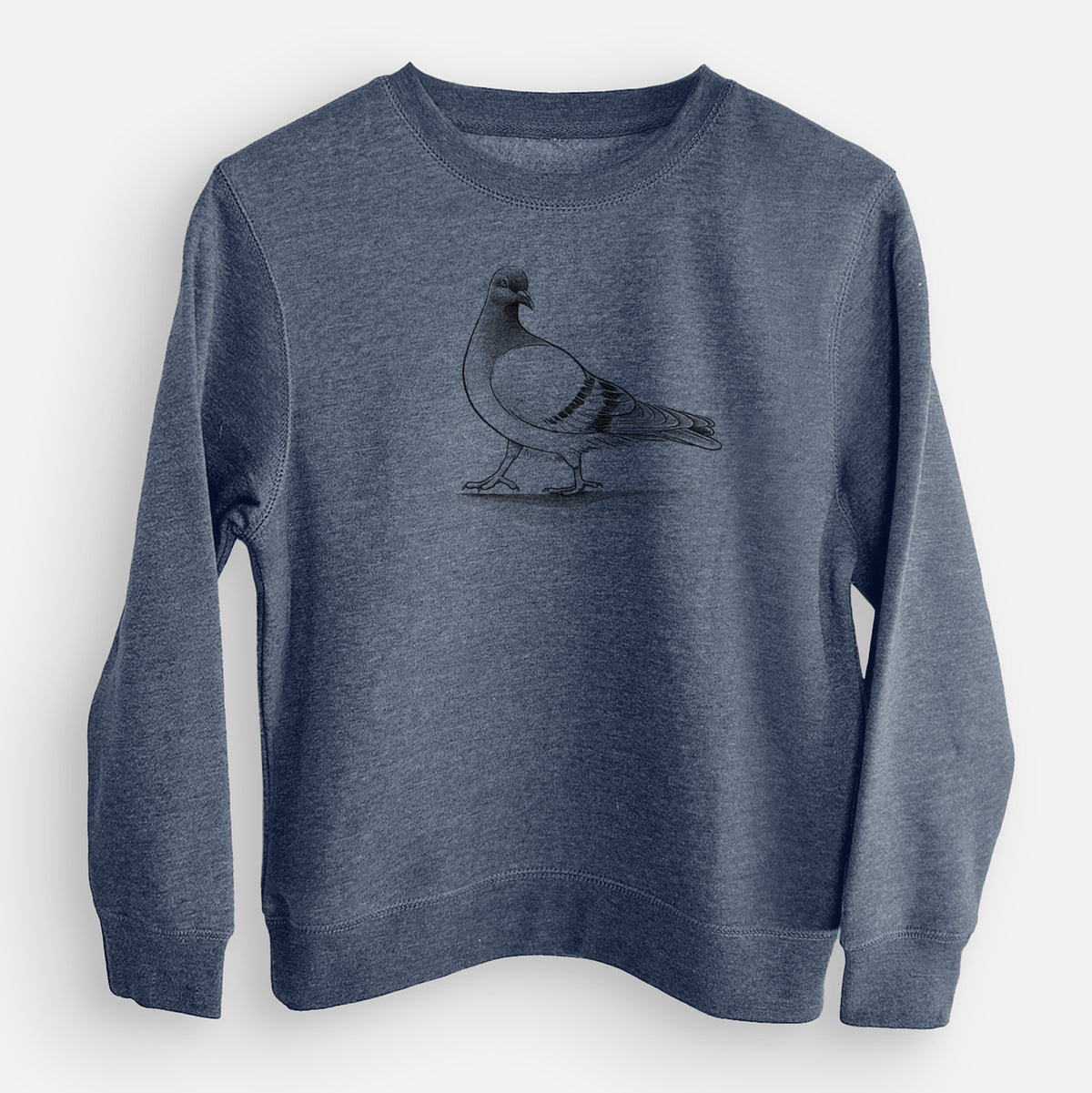 Storm blue youth crewneck sweatshirt laid flat, printed with a black ink illustration of a pigeon standing.