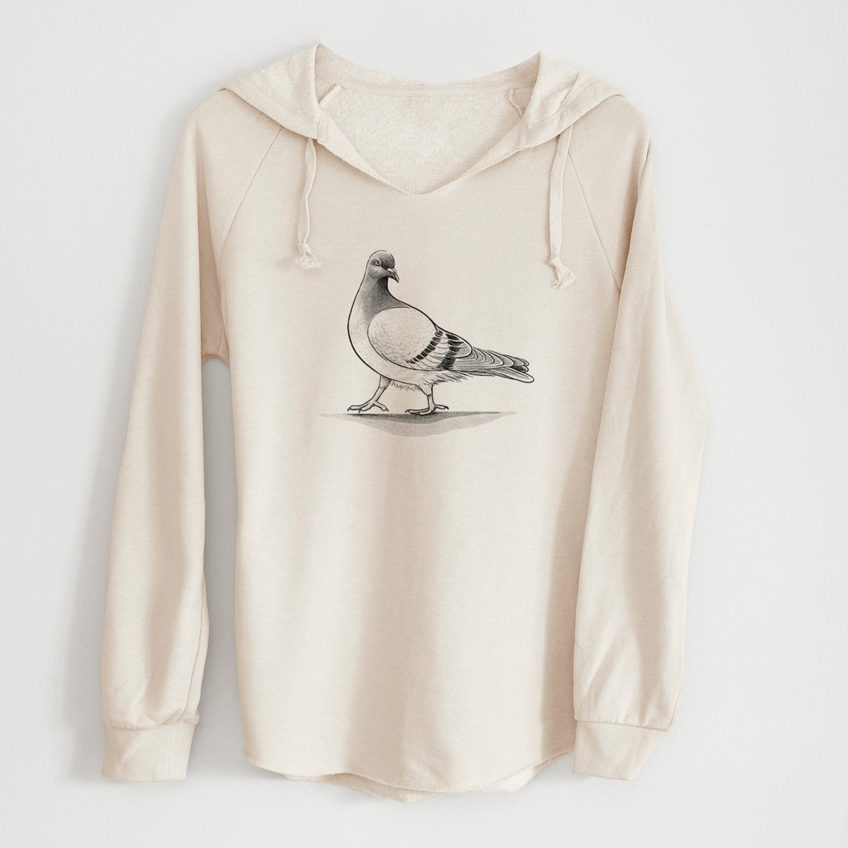 Bone cream women's Cali Wave hooded sweatshirt laid flat, printed with a black ink illustration of a pigeon standing.