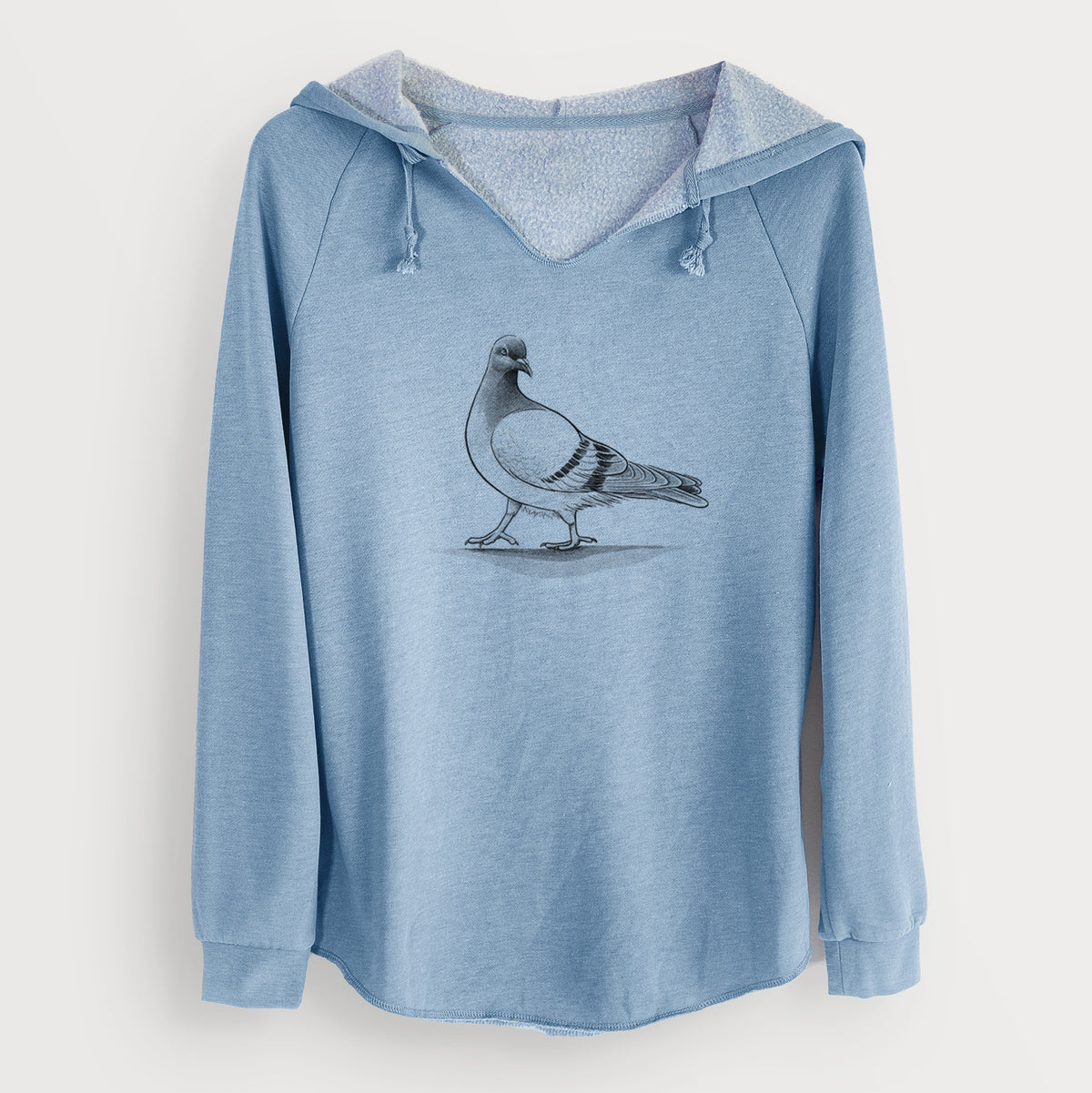 Misty blue women's Cali Wave hooded sweatshirt laid flat, printed with a black ink illustration of a pigeon standing.