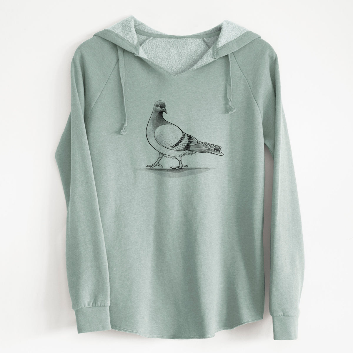 Sage green women's Cali Wave hooded sweatshirt laid flat, printed with a black ink illustration of a pigeon standing.