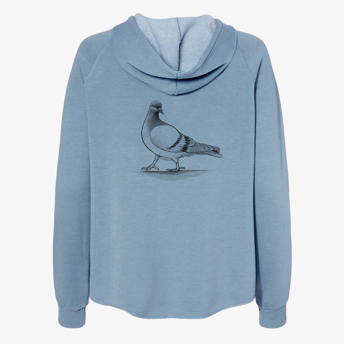 Misty blue women's Cali Wave zip-up sweatshirt laid flat, printed with a black ink illustration of a pigeon standing.