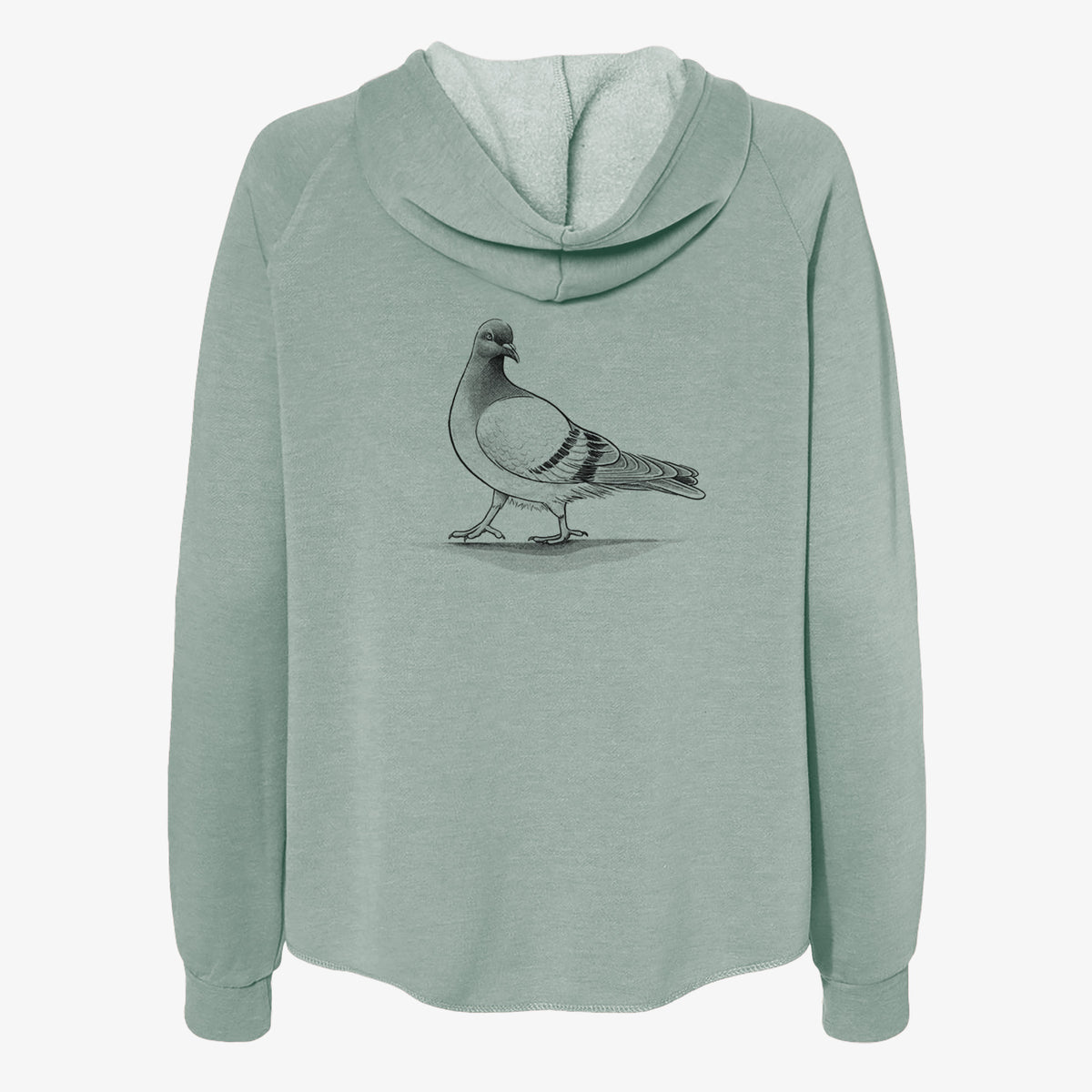 Sage green women's Cali Wave zip-up sweatshirt laid flat, printed with a black ink illustration of a pigeon standing.