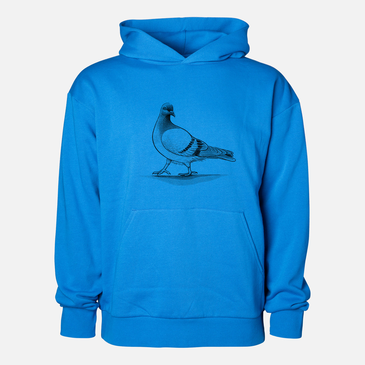 Pigeon / City Dove - Columba livia domestica - Statement Midweight Hoodie in Azure Blue, shown from the front with the design printed on the chest above a front kangaroo pocket.