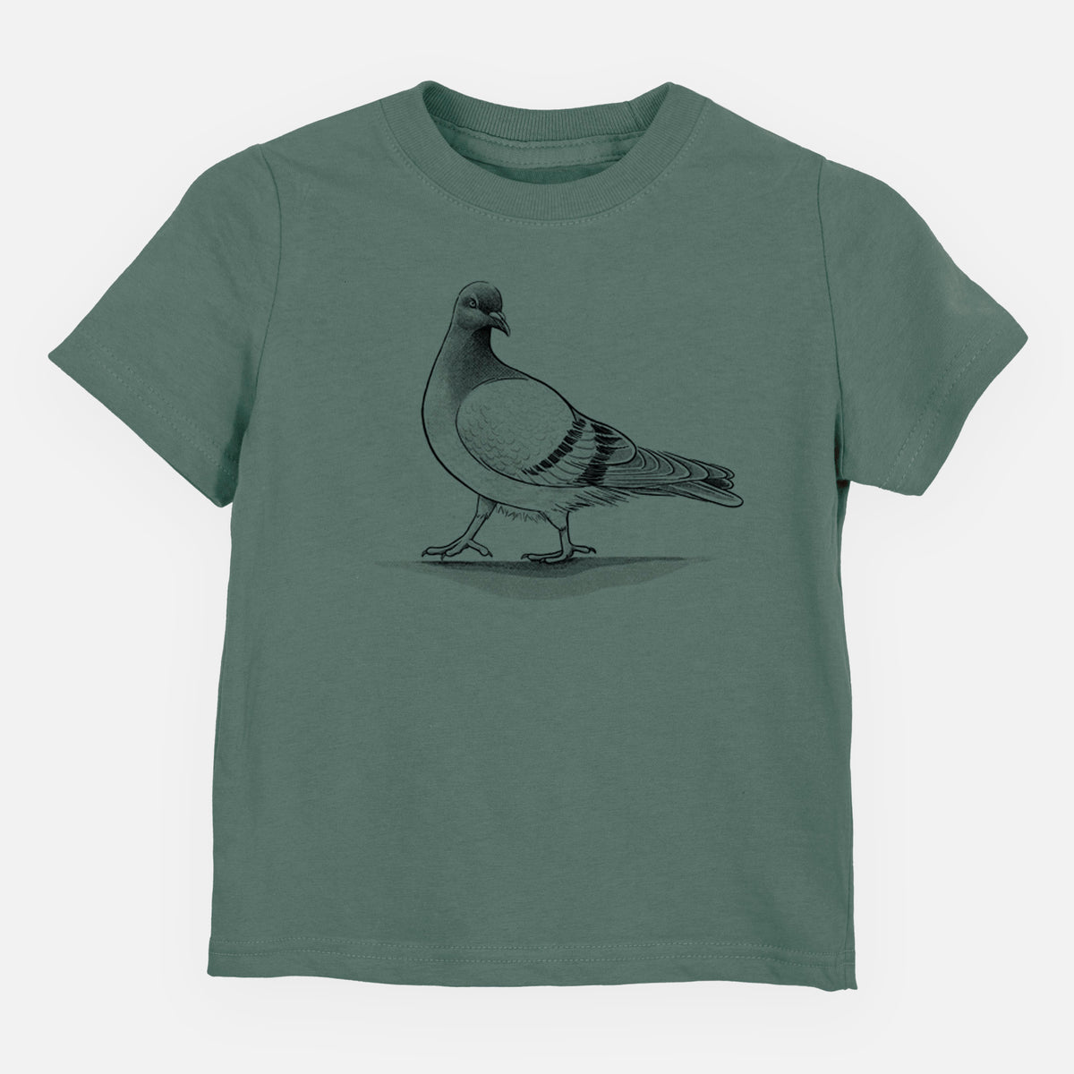 Basil green toddler t-shirt laid flat, printed with a black ink illustration of a pigeon standing.