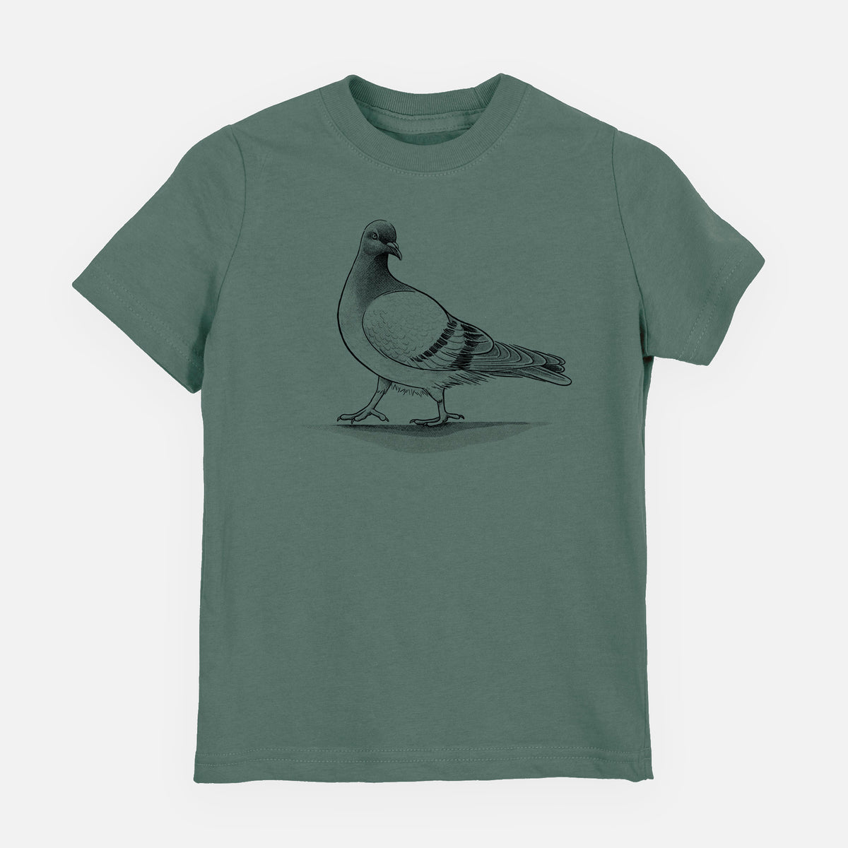 Basil green youth t-shirt laid flat, printed with a black ink illustration of a pigeon standing.