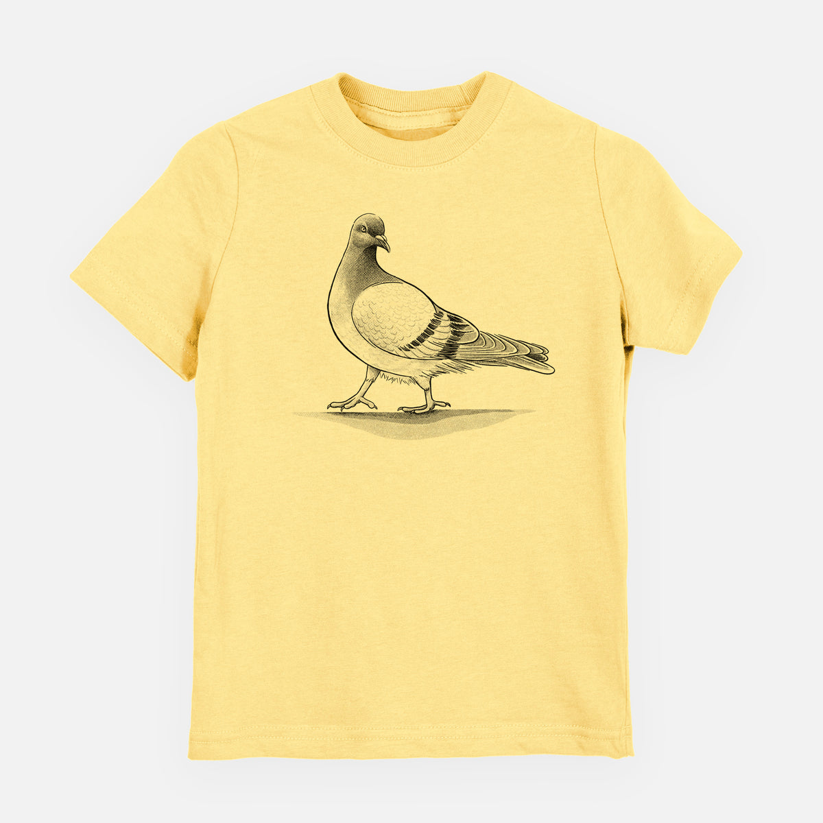 Butter yellow youth t-shirt laid flat, printed with a black ink illustration of a pigeon standing.