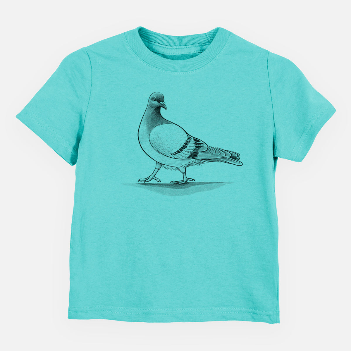 Caribbean blue toddler t-shirt laid flat, printed with a black ink illustration of a pigeon standing.