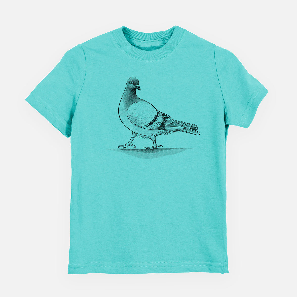 Caribbean blue youth t-shirt laid flat, printed with a black ink illustration of a pigeon standing.