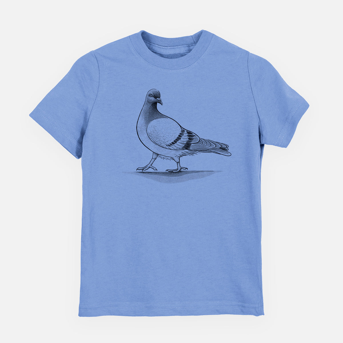 Carolina blue youth t-shirt laid flat, printed with a black ink illustration of a pigeon standing.