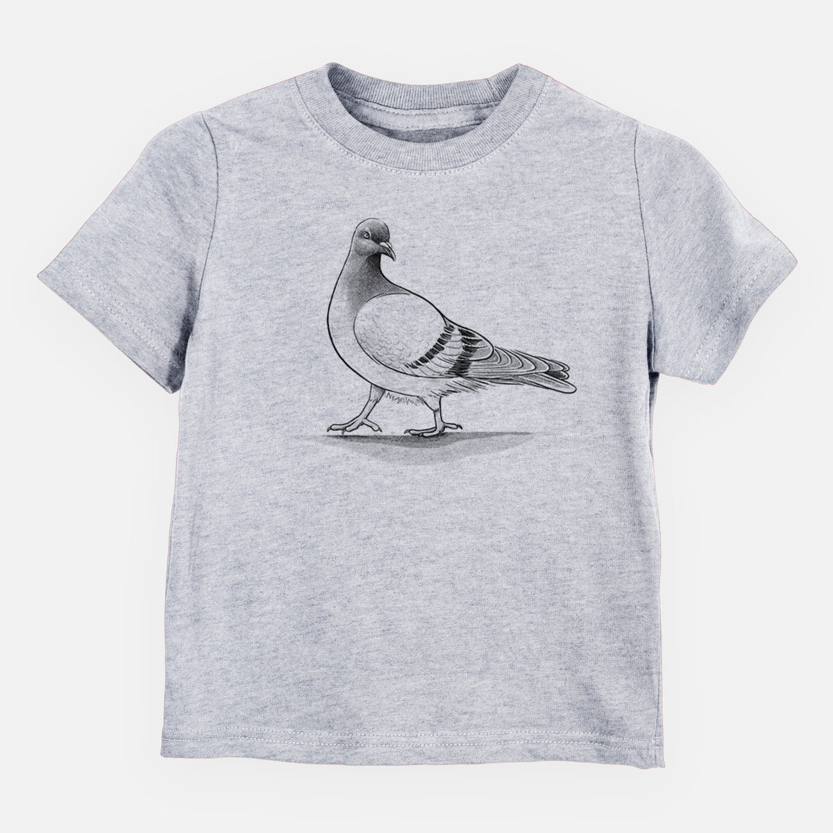 Heather grey toddler t-shirt laid flat, printed with a black ink illustration of a pigeon standing.