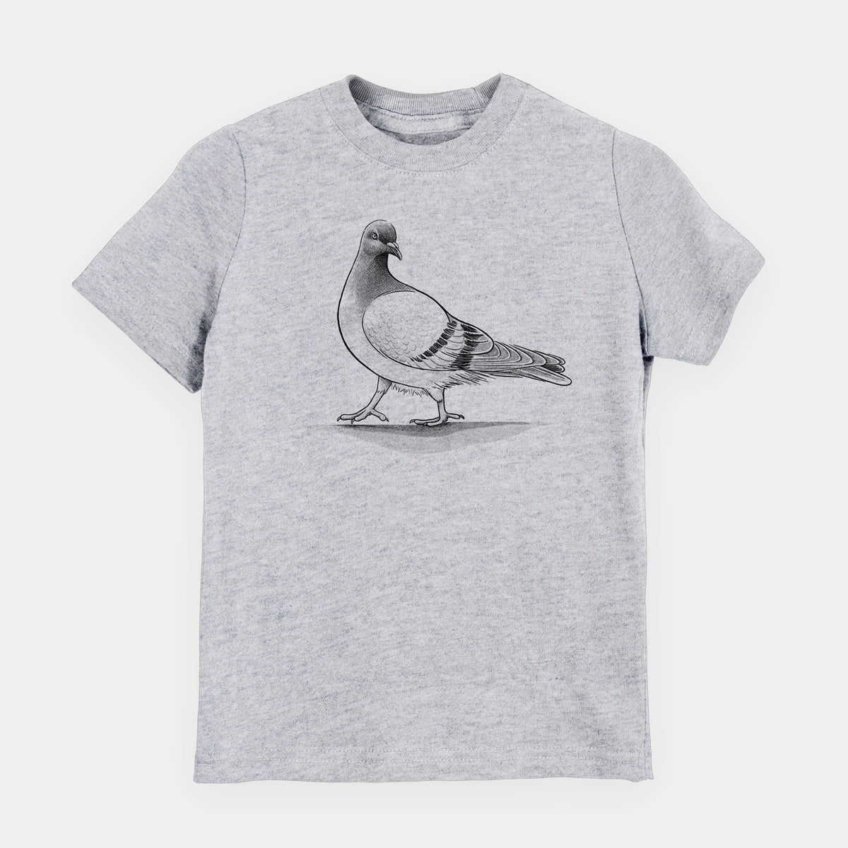 Heather grey youth t-shirt laid flat, printed with a black ink illustration of a pigeon standing.