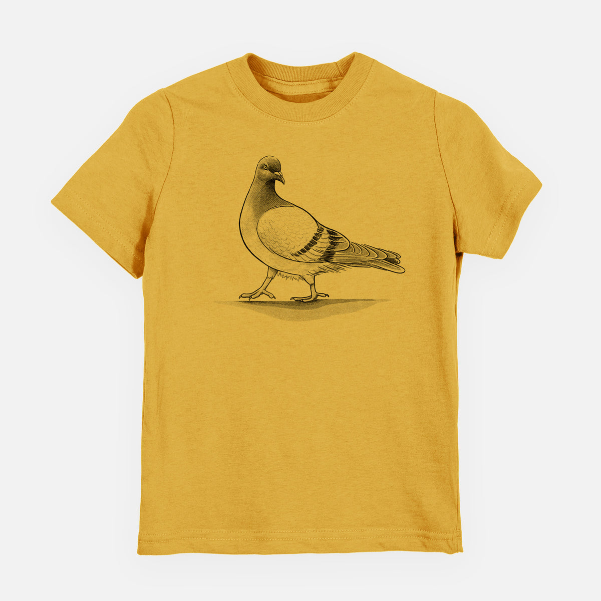 Honeycomb yellow youth t-shirt laid flat, printed with a black ink illustration of a pigeon standing.