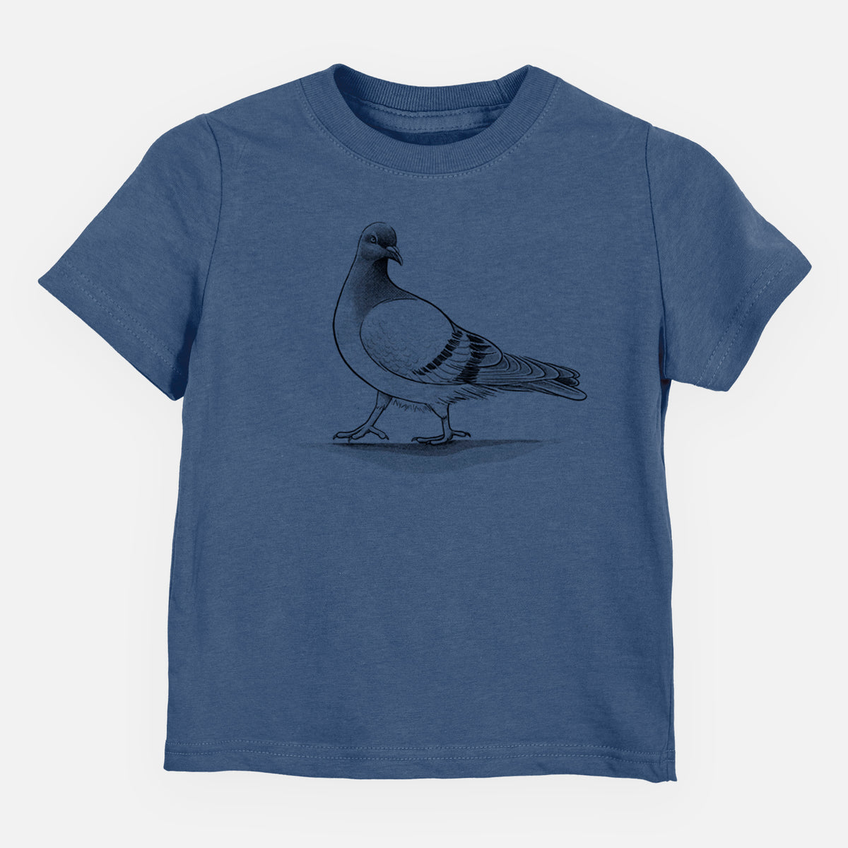 Indigo blue toddler t-shirt laid flat, printed with a black ink illustration of a pigeon standing.
