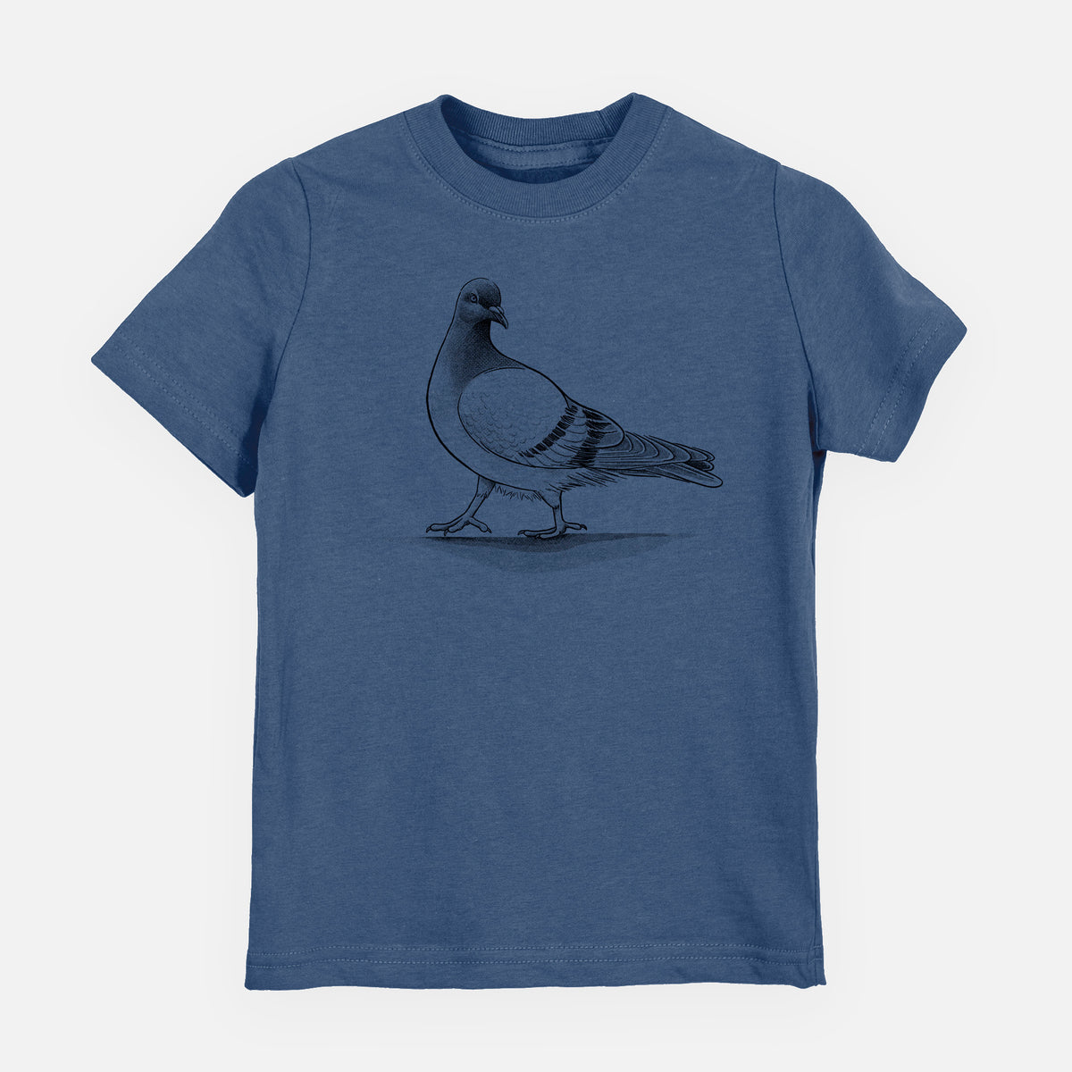 Indigo blue youth t-shirt laid flat, printed with a black ink illustration of a pigeon standing.