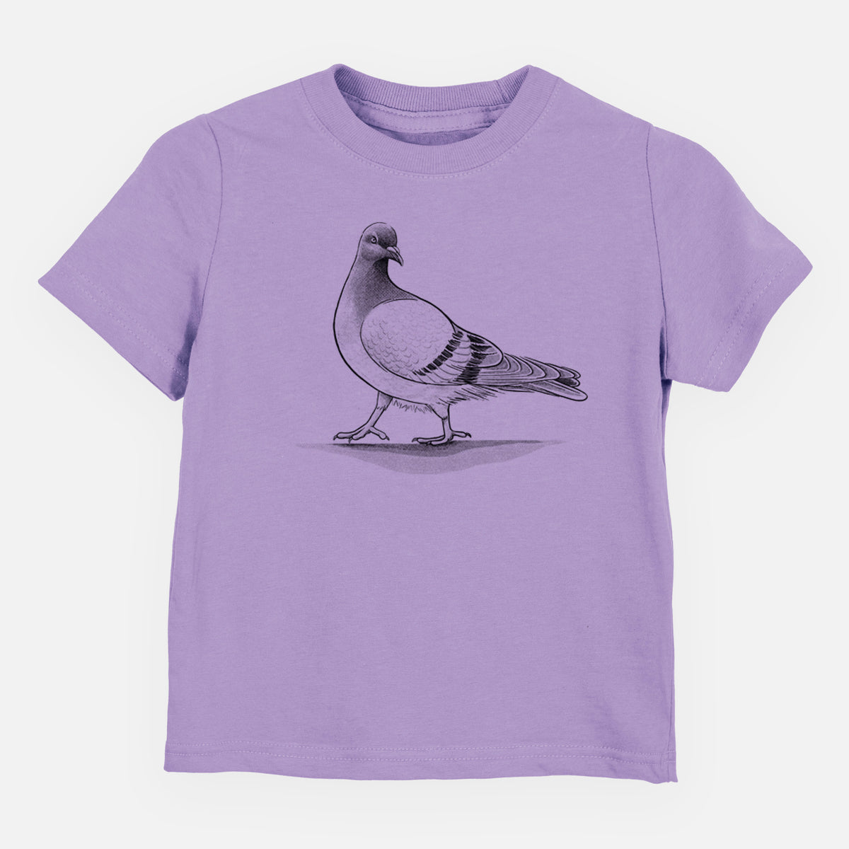 Lavender toddler t-shirt laid flat, printed with a black ink illustration of a pigeon standing.