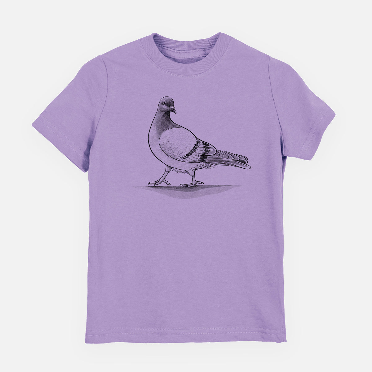 Lavender youth t-shirt laid flat, printed with a black ink illustration of a pigeon standing.