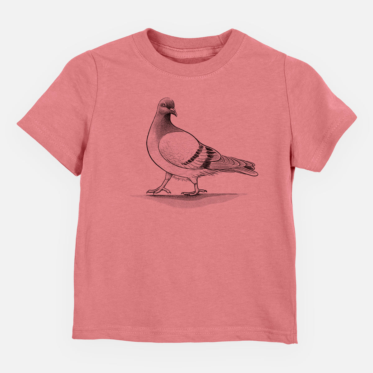 Mauve pink toddler t-shirt laid flat, printed with a black ink illustration of a pigeon standing.