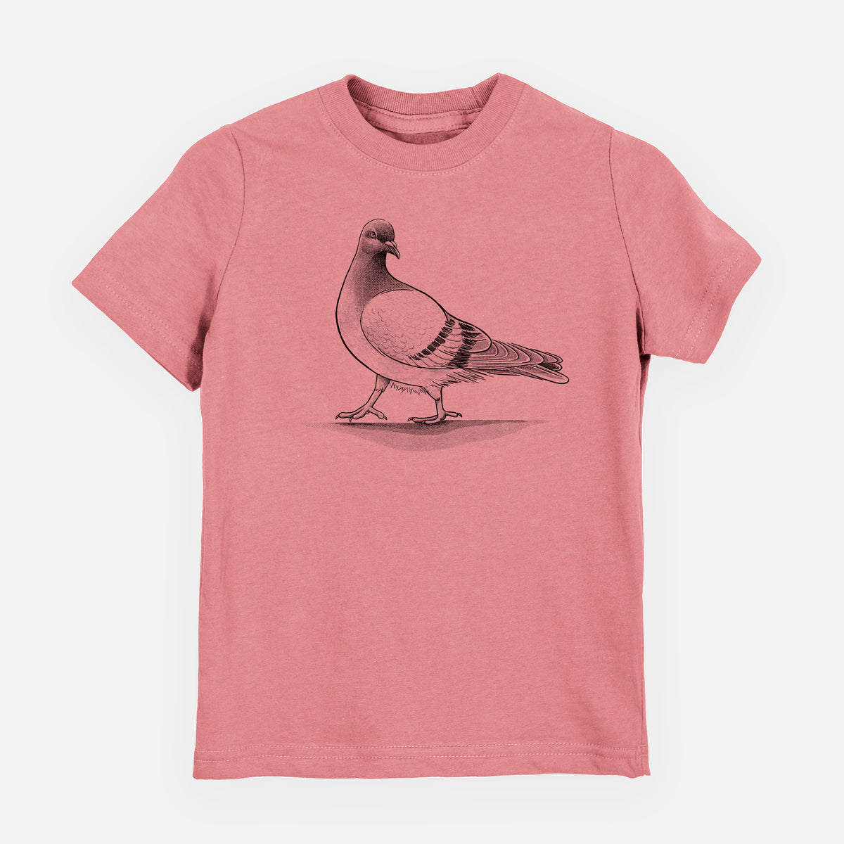 Mauve pink youth t-shirt laid flat, printed with a black ink illustration of a pigeon standing.