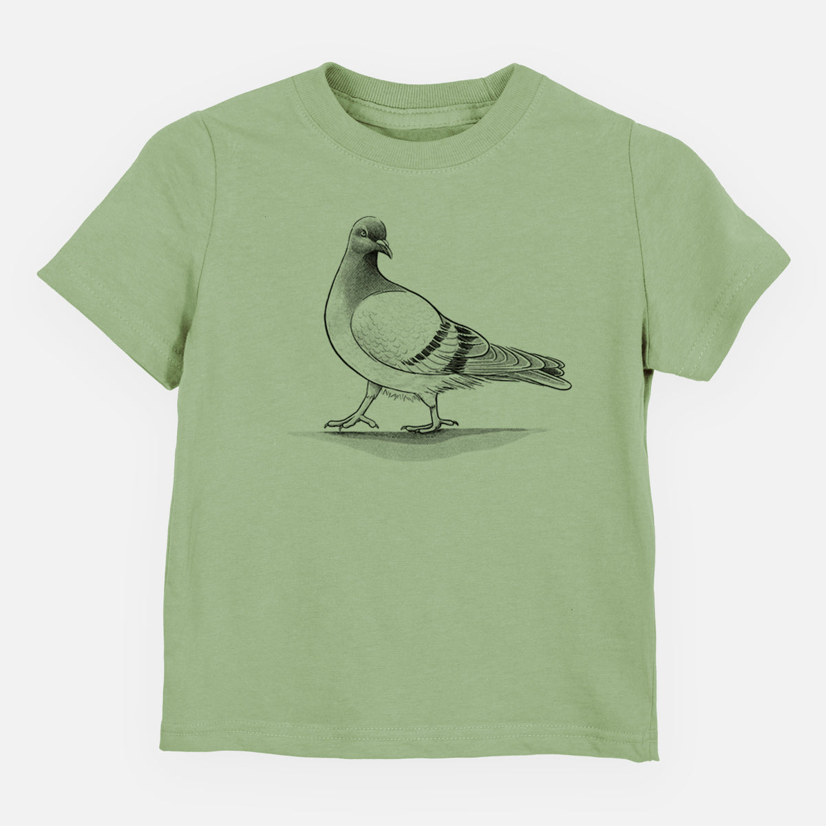 Sage green toddler t-shirt laid flat, printed with a black ink illustration of a pigeon standing.