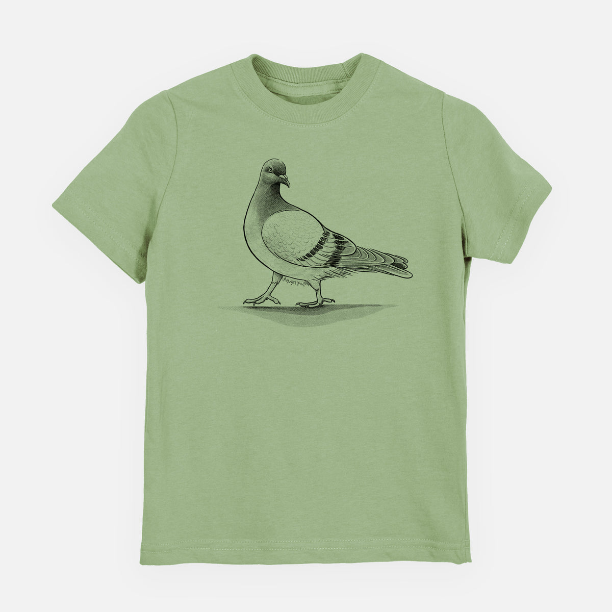 Sage green youth t-shirt laid flat, printed with a black ink illustration of a pigeon standing.