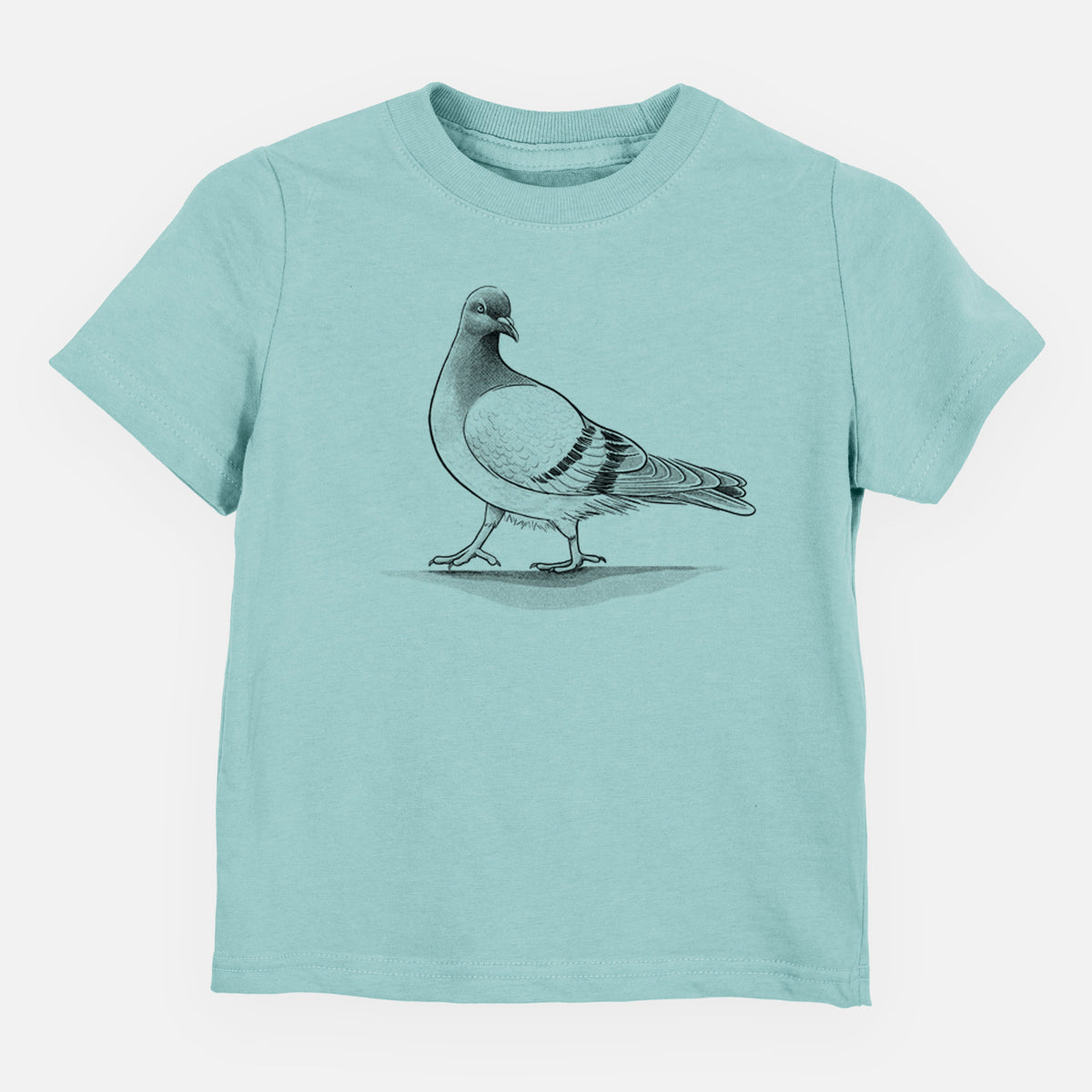 Saltwater toddler t-shirt laid flat, printed with a black ink illustration of a pigeon standing.