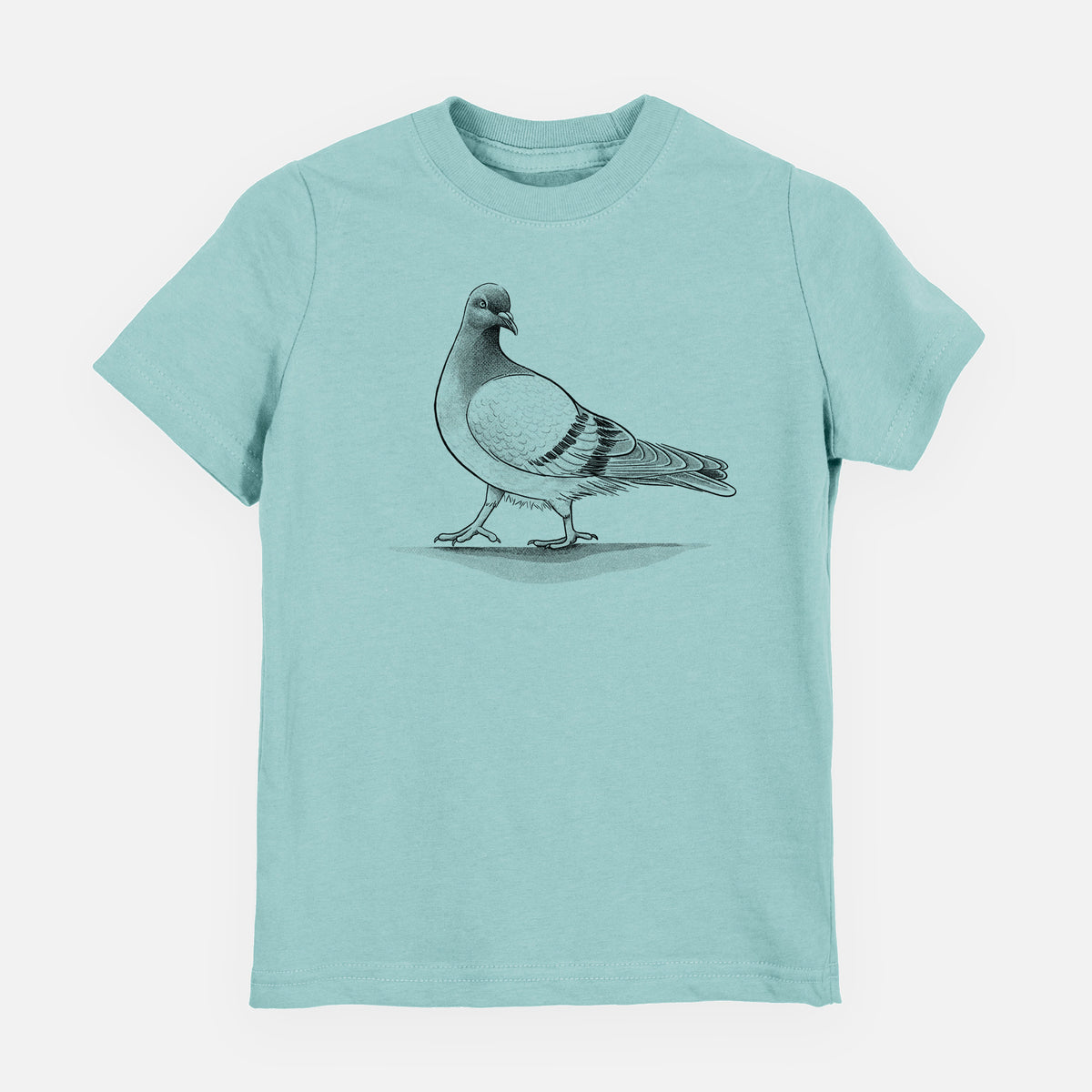 Saltwater youth t-shirt laid flat, printed with a black ink illustration of a pigeon standing.