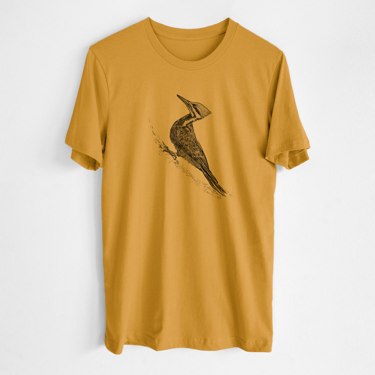 Honeycomb yellow lightweight cotton t-shirt laid flat, printed with a black ink illustration of a pileated woodpecker clinging to a tree trunk.