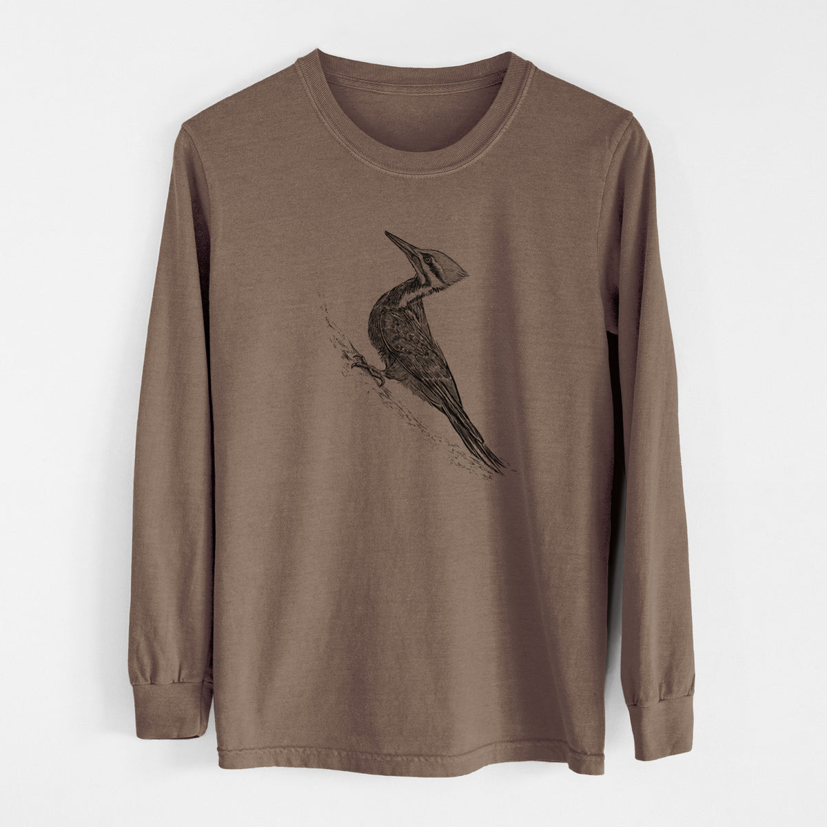 Espresso brown Comfort Colors long sleeve shirt laid flat, printed with a black ink illustration of a pileated woodpecker clinging to a tree trunk.
