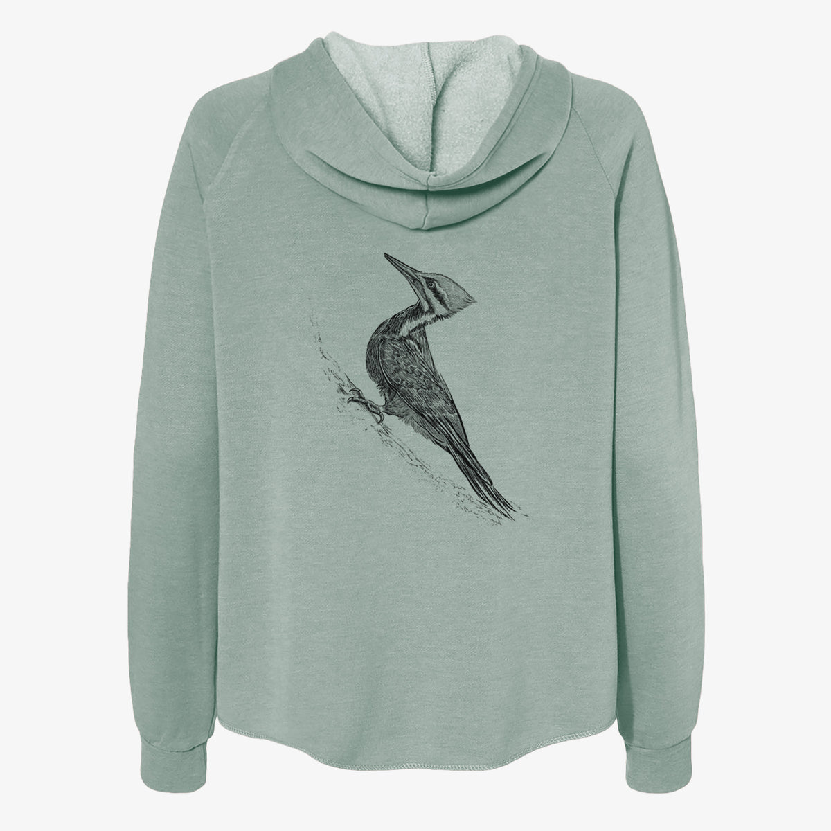 Sage green women's Cali Wave zip-up sweatshirt laid flat, printed with a black ink illustration of a pileated woodpecker clinging to a tree trunk.