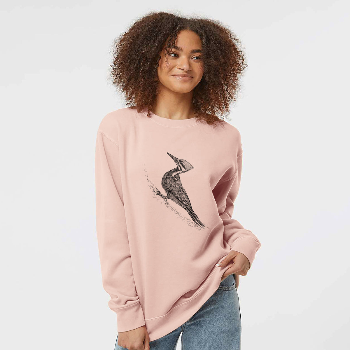 Pileated Woodpecker - Dryocopus pileatus - Unisex Pigment Dyed Crew Sweatshirt in Dusty Pink